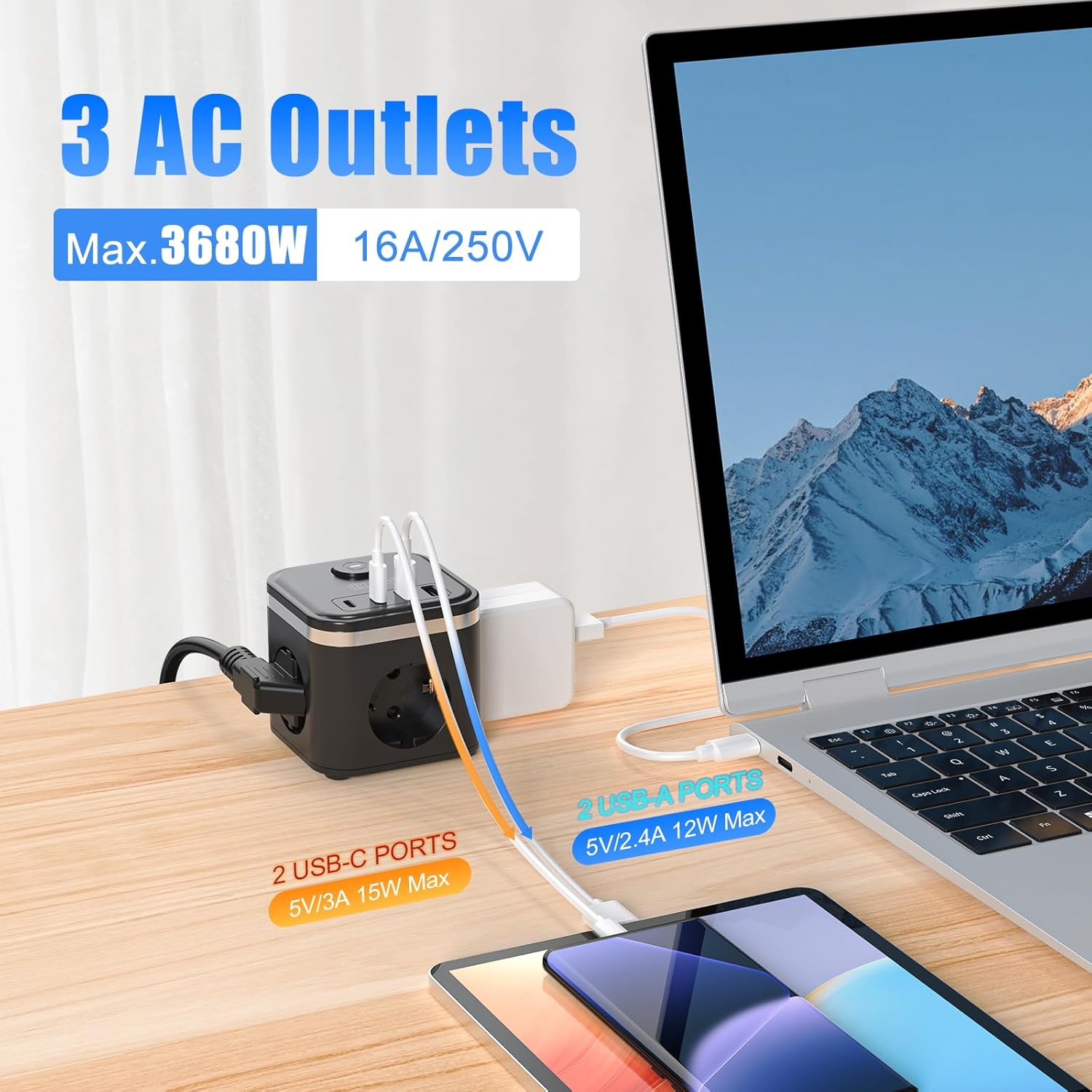 HITRENDS Steckdosenwürfel mit USB, USB-C-Steckdosenleiste, USB-C-Ladegerät, 3-Wege-Steckdose mit Schalter, tragbares PD-Ladegerät für MacBook, iPad, iPhone 16/15, Galaxy S25 Ultra, Zuhause, Büro, Reisen – Bild 4