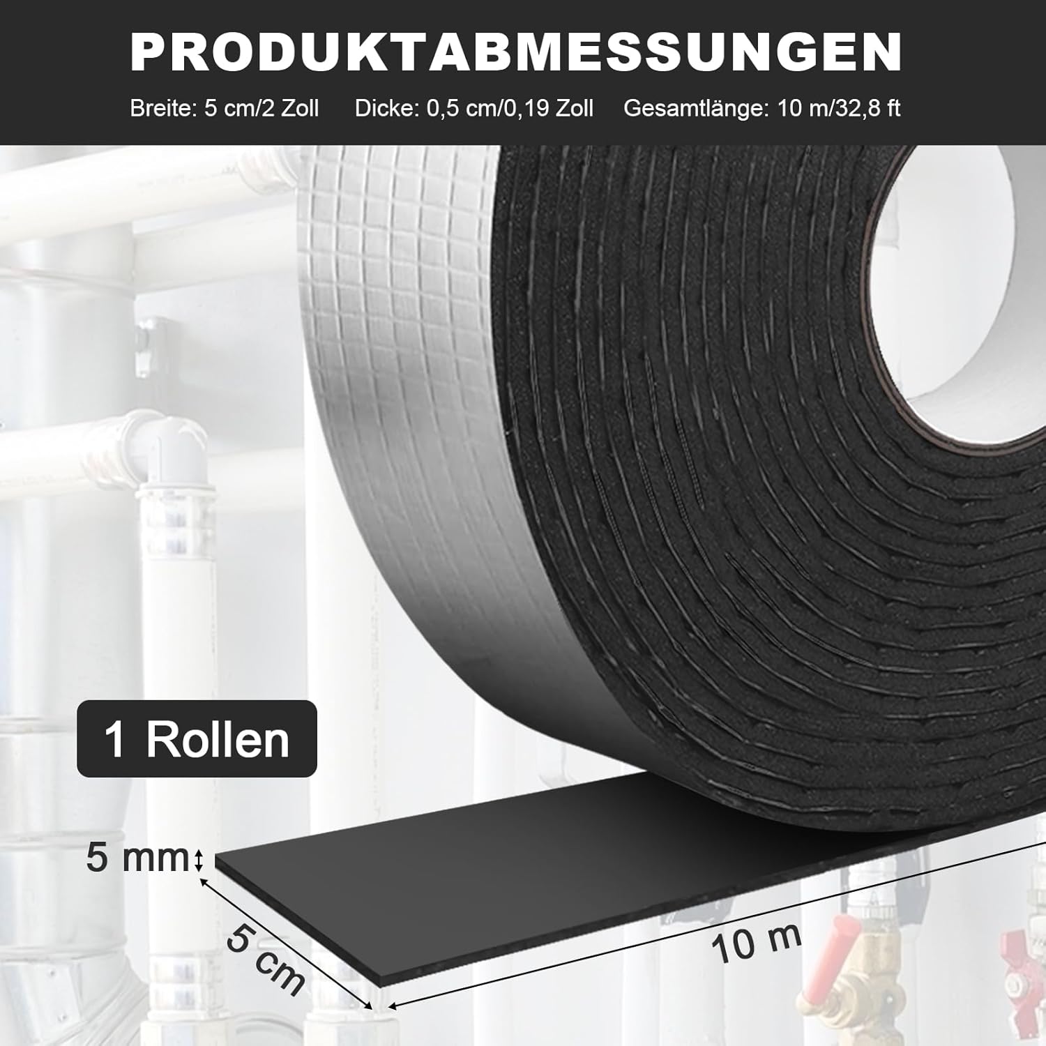 Rohrisolierung Selbstklebender Isolierkanal 5 cm x 10 m Rohrisolierung Schaumisolierung zum Umwickeln von Rohren für Rohrummantelungen, Heizungsrohre und Rohrschutz-Isolierband – Bild 2