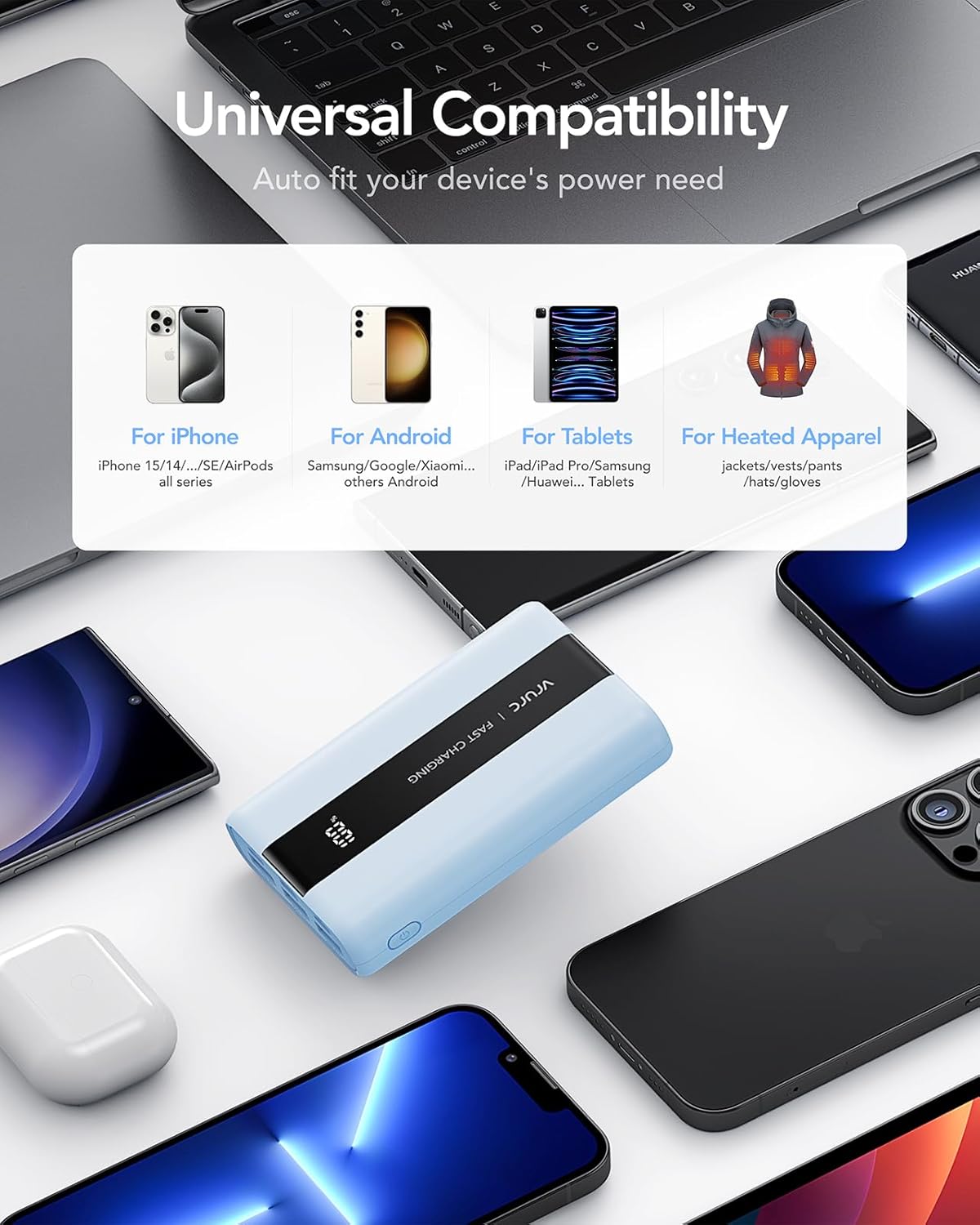 VRURC Power Bank 20000 mAh – kleiner und tragbarer externer Akku mit 22,5 W QC und PD 3.0 Schnellladung, USB-C, 6 Anschlüssen und LED-Anzeige, Power Bank für iPhone, Samsung, Huawei, iPad und Reisen – Bild 8