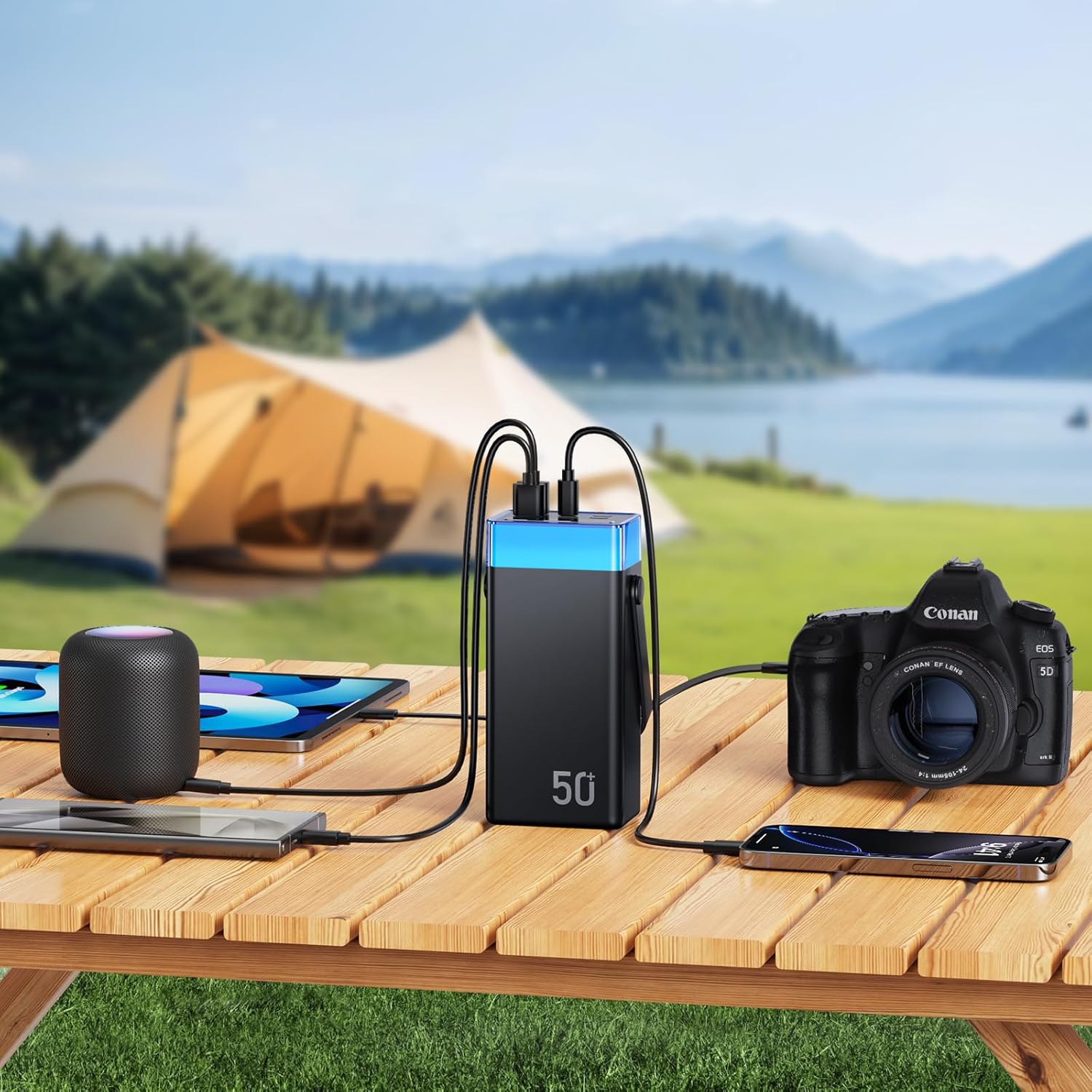 2026 Power Bank 50000 mAh, Powerbank Schnellladefunktion USB C PD 22,5 W, externer Akku mit 3 integrierten Kabeln, Ambientebeleuchtung, 5 Ausgänge & 2 Eingänge, Powerbank für Camping iPhone, Samsung – Bild 3