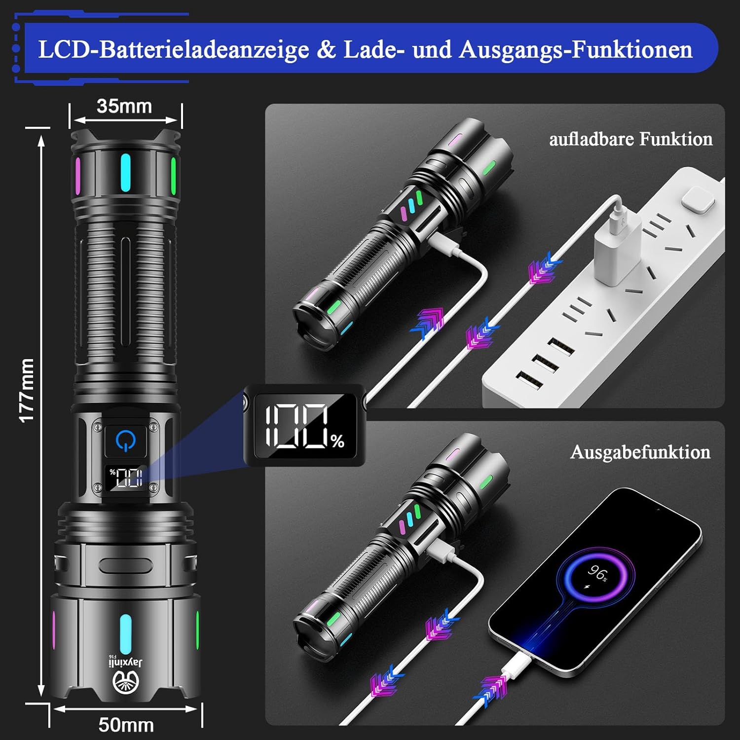 Jayxinli Taschenlampe LED wiederaufladbar 1000000 Lumen extrem hell | 5000 mAh LCD-Akkuanzeige, 5 Beleuchtungsmodi, zoombar, IP67 wasserdicht für Camping und Outdoor – Bild 4