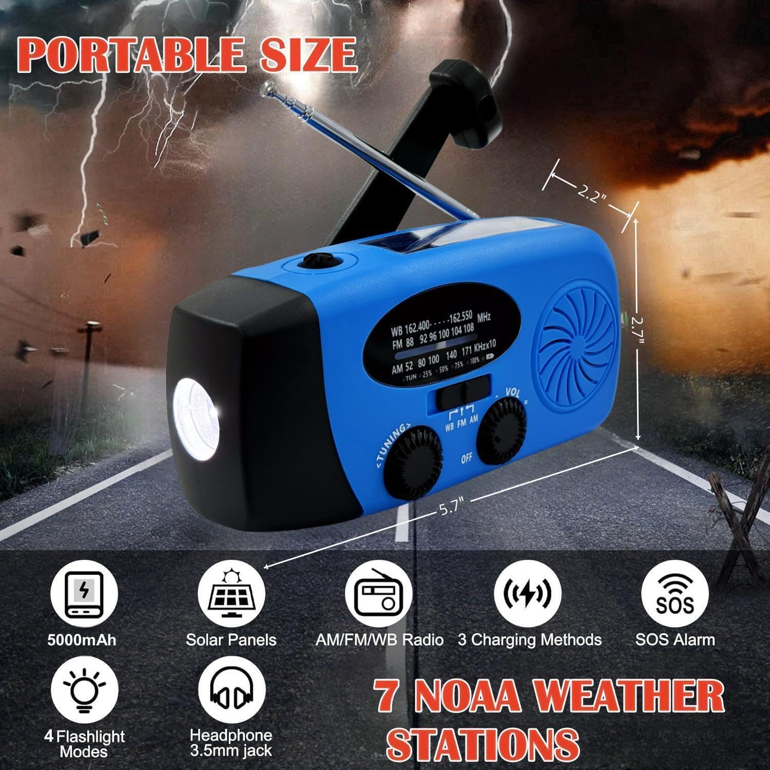 iRonsnow Notfall-Solarradio, tragbares Kurbelradio mit LED-Taschenlampe, wiederaufladbares 5000-mAh-Netzteil, SOS-Alarm, AM/FM-Solarwindradio, USB-Ladegerät für Wandern, Camping (5000 mAh, blau) – Bild 6