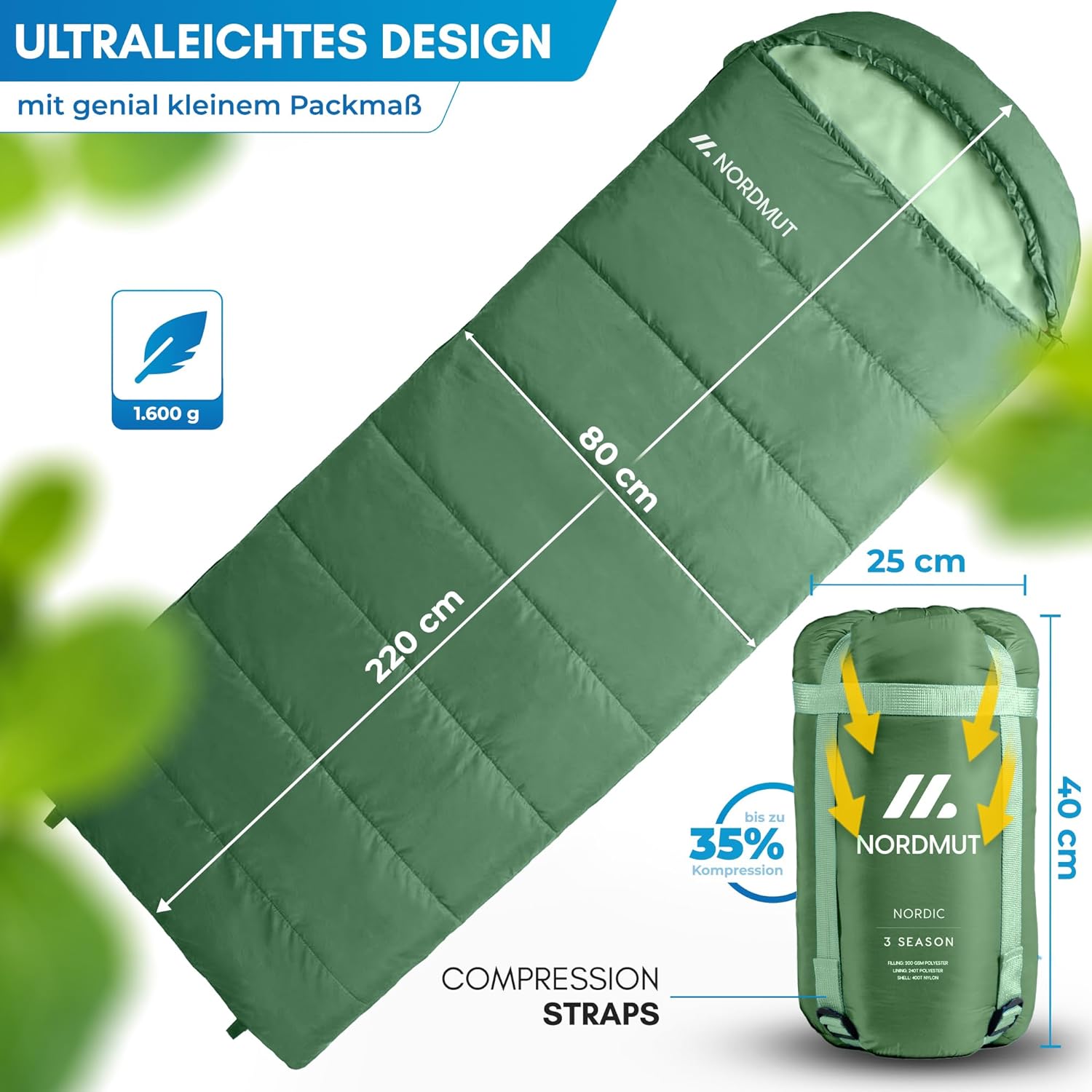 NORDMUT® Deckenschlafsack für Erwachsene mit Zwei-Wege-YKK-Reißverschluss – kleines Packmaß & ultraleicht 1600 g – 3 Jahreszeiten (250 g/m²) – Schlafsack für Camping, Outdoor & Festivals – Bild 5