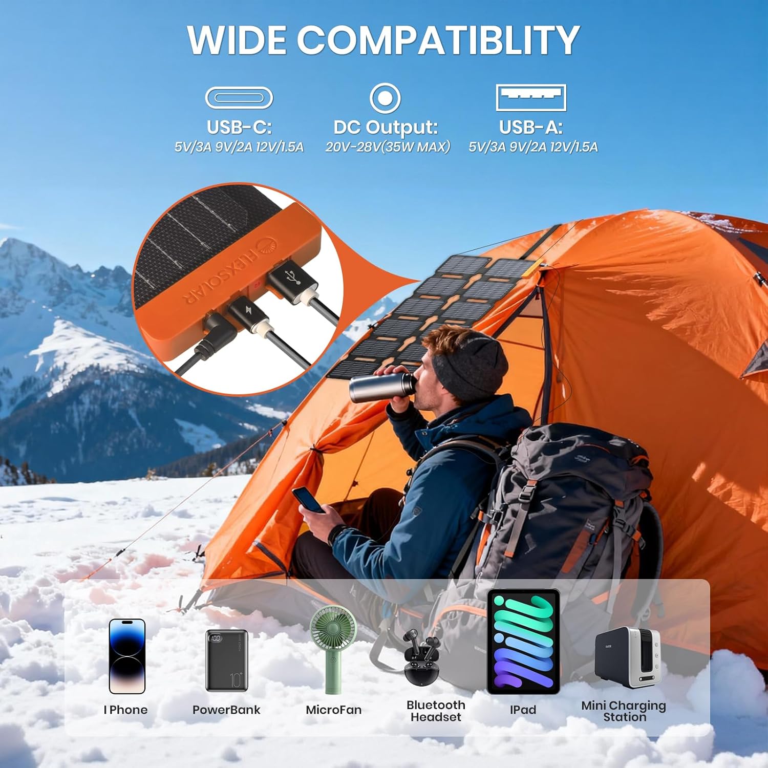 Flexsolar 36W Mini faltbares Solarladegerät, wasserdichtes E-Film-Solarpanel tragbar mit USB-A/USB-C/DC-Anschlüssen für Kraftwerke, Smartphones, Tablets, Powerbanks, Outdoor, Camping, Notfall – Bild 2