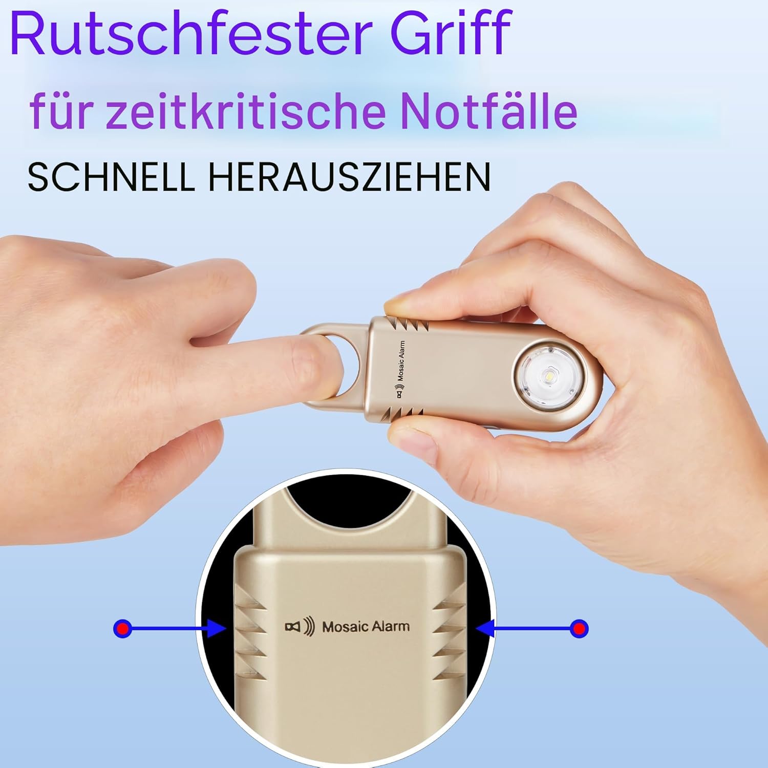 135 dB wiederaufladbarer persönlicher Alarm mit ultraheller Taschenlampe. Rutschfester Schlüsselanhänger, Notfallsirene für Frauen und Kinder. SOS-Sirenen- und Bärenabwehralarm zum Wandern. Gold – Bild 4