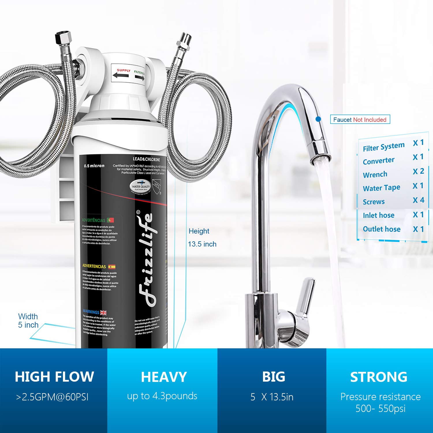 Frizzlife Untertisch-Wasserfilter 0,5 Mikron, entfernt 99,99 % Blei und Chlor, NSF/ANSI 42 & 53 zertifiziert, Anti-Kalk-Technologie für längere Filterlebensdauer – Bild 4
