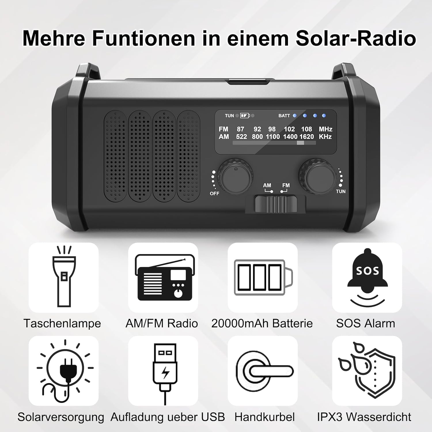 Solarradio, tragbares Kurbelradio, AM/FM-Notfallradio mit 10000/20000 mAh wiederaufladbarer Powerbank, 3 Modi LED-Taschenlampe, SOS-Alarm, USB-C-Handy-Aufladung für Camping im Freien (schwarz, 20000 mAh) – Bild 7