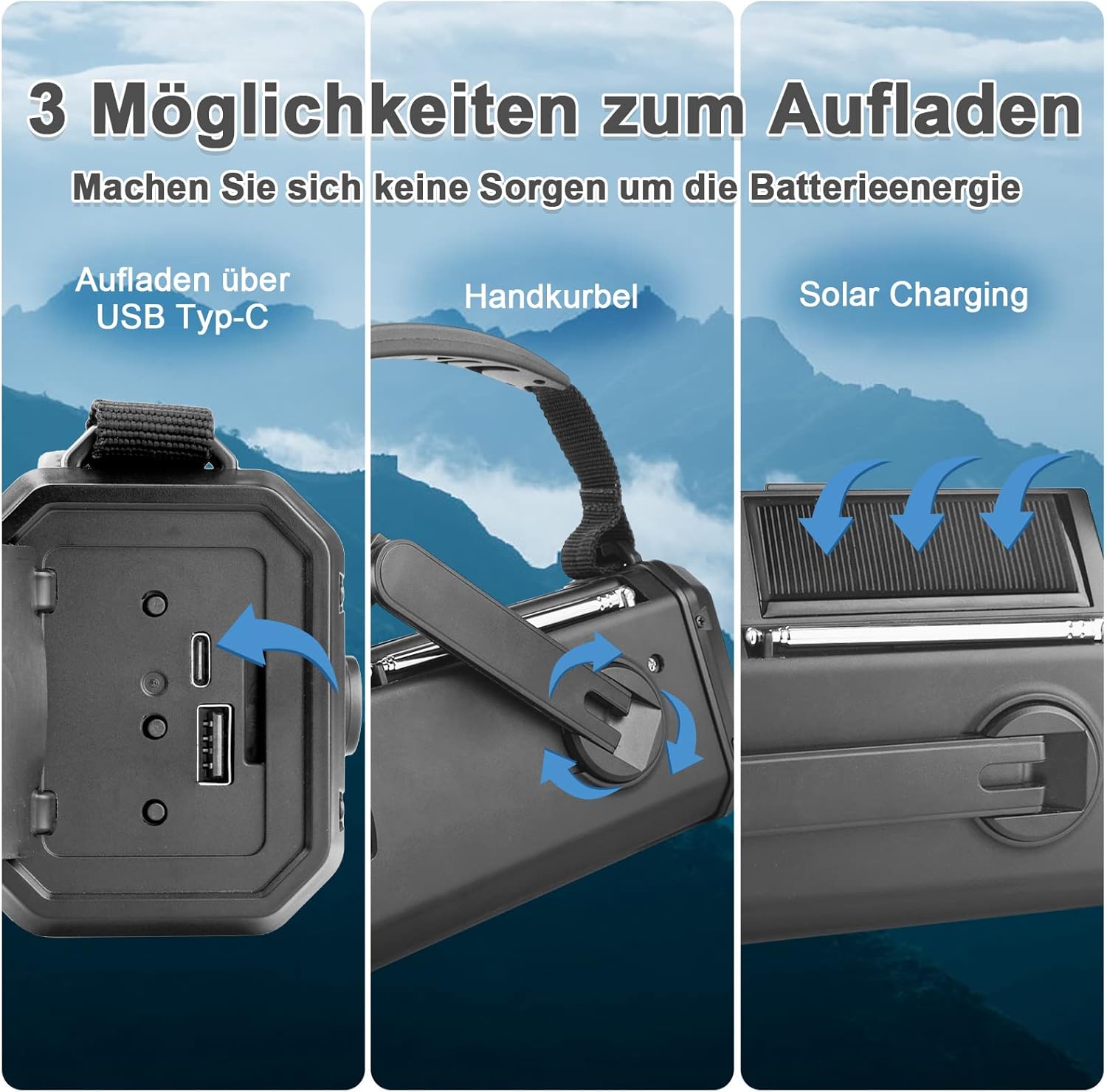 YIKANWEN Kurbelradio mit 20.000-mAh-Akku, wiederaufladbar, tragbarer Solarradio-Dynamo mit AM/FM/NOAA, Powerbank, LED-Campinglicht, SOS-Alarm, Kompass, Schwarz – Bild 4