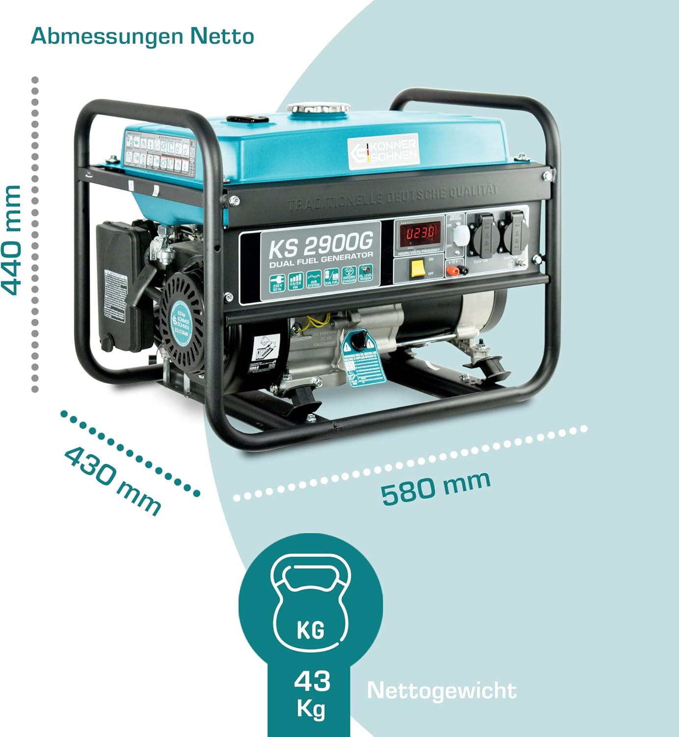 LPG/Benzin-Stromerzeuger KS 2900G Dual Fuel Serie, Notstromgenerator Gas 2900 W, 2x16A (230 V), 12 V, Stromgenerator mit (AVR), Stromgenerator mit Ölstandsanzeige, Überlast- und Kurzschlussschutz. – Bild 4