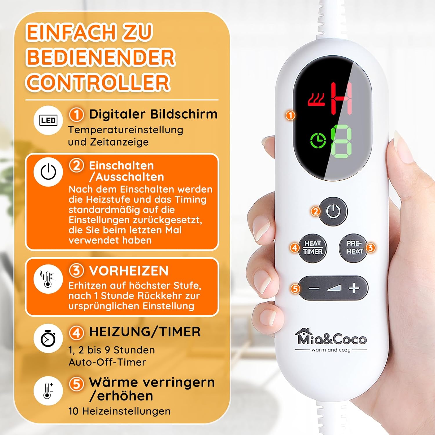 Heizdecke mit automatischer Abschaltung, 130 x 180 cm, 10 Heizstufen, 1~9 Stunden, Auto-Off-Timer, Überhitzungsschutz, elektrische Heizdecke, Bettwärmedecke, ETL für Zuhause & Büro, schnell mit Flanell waschbar, Khaki – Bild 2