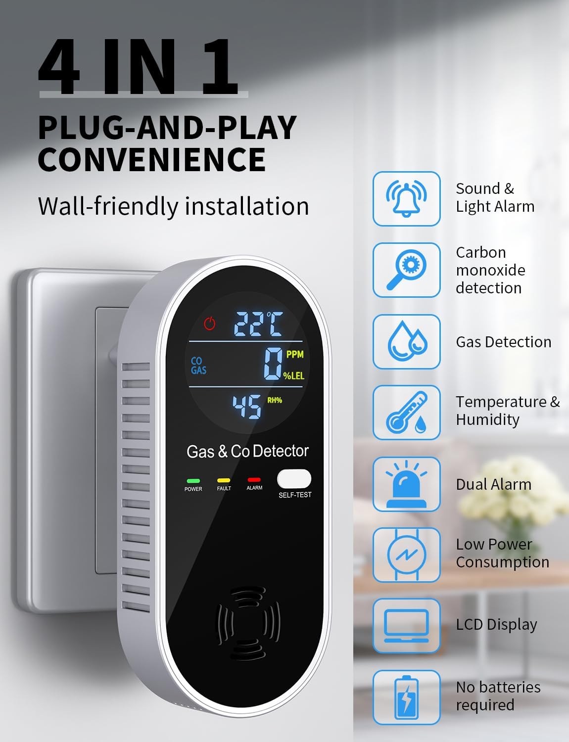 Kohlenmonoxid-Detektor & Gasdetektor 4-in-1 – Plug-and-Play ohne Wandschäden, akustischer und optischer Alarm – für Zuhause, Garage, Werkstatt, Baustelle – tragbarer CO-Detektor – YEREADW – Bild 2