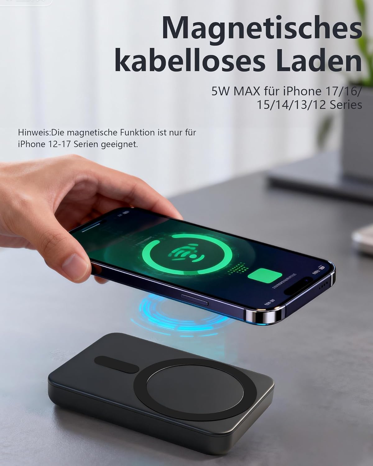 Miady Powerbank für Magsafe, 5000 mAh 5 W kabelloses magnetisches Laden & 12 W USB-C-Schnellladung, ultraschlanke tragbare externe Handy-Akkus, für iPhone 17/16/15/14/13/12/Pro/Pro Max (schwarz) – Bild 3