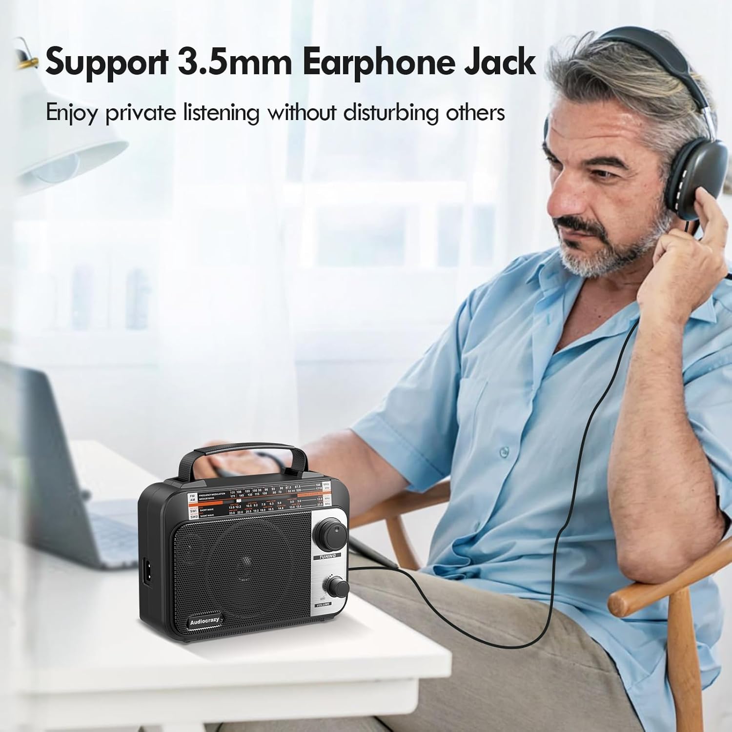 UKW FM/AM/SW1-2 Radio Tragbare Radios Weltempfängerradio mit 1800 mAh wiederaufladbarem Akku, AC-Kabel oder Batteriebetrieb, Multiband-Kurzwellenradio AUX/Kopfhöreranschluss Schwarz – Bild 4