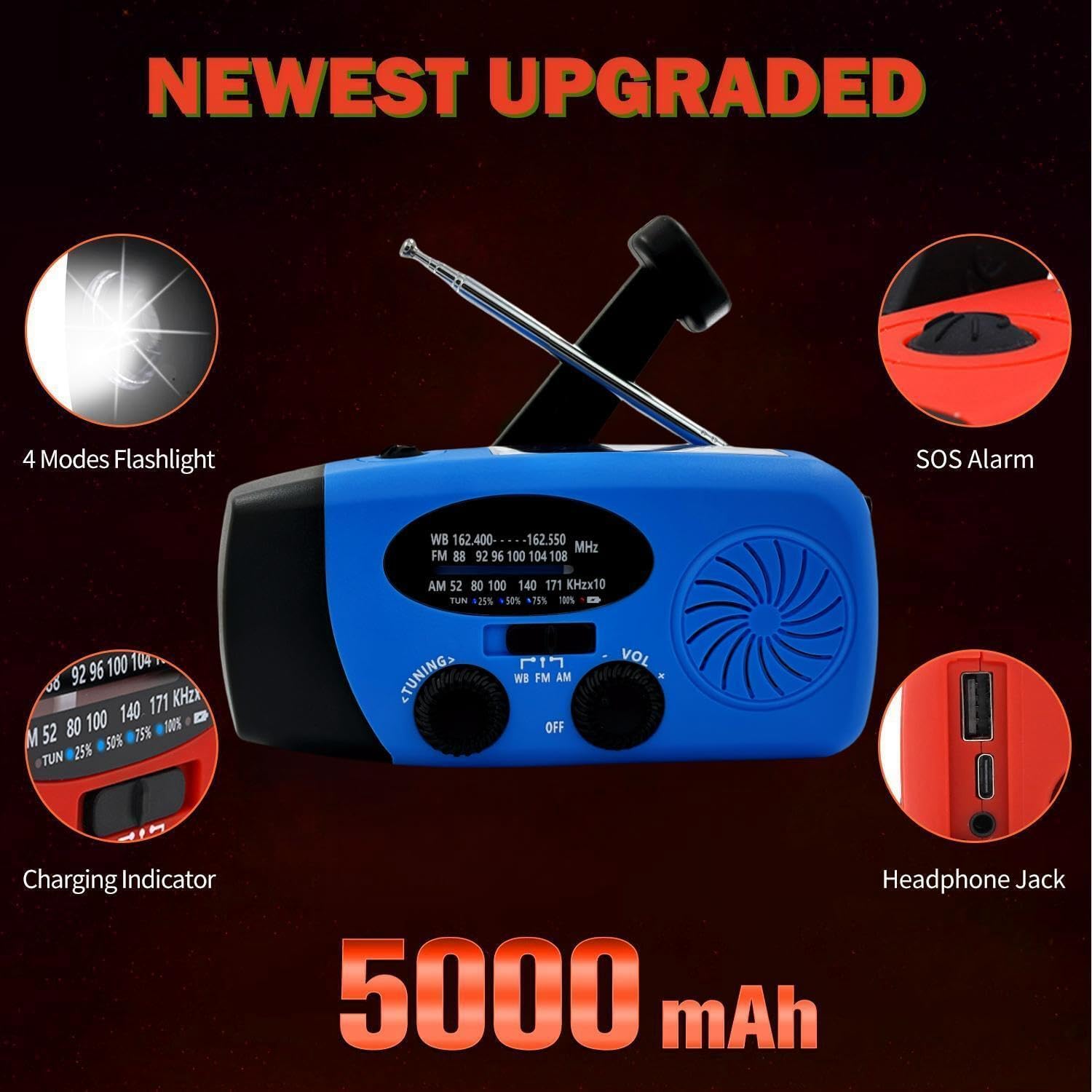 iRonsnow Notfall-Solarradio, tragbares Kurbelradio mit LED-Taschenlampe, wiederaufladbares 5000-mAh-Netzteil, SOS-Alarm, AM/FM-Solarwindradio, USB-Ladegerät für Wandern, Camping (5000 mAh, blau) – Bild 2