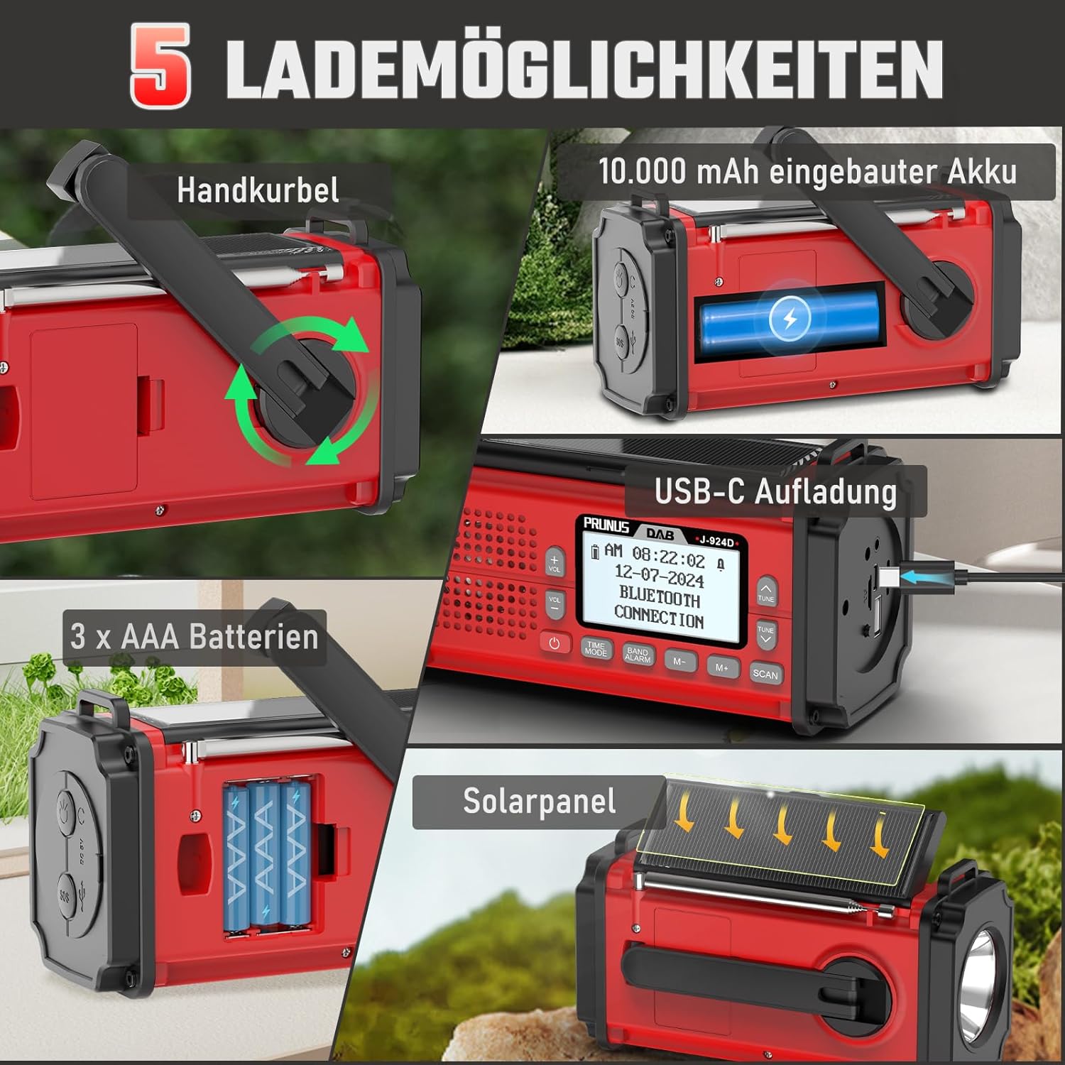 PRUNUS J-924D Digitalradio DAB+/FM, Kurbelradio Notfall mit 10000 mAh Akku, DAB-Radio mit Bluetooth, Notfallradio mit Taschenlampe/SOS-Alarm/Handy-Ladefunktion für Outdoor/Notfall (Rot) – Bild 5