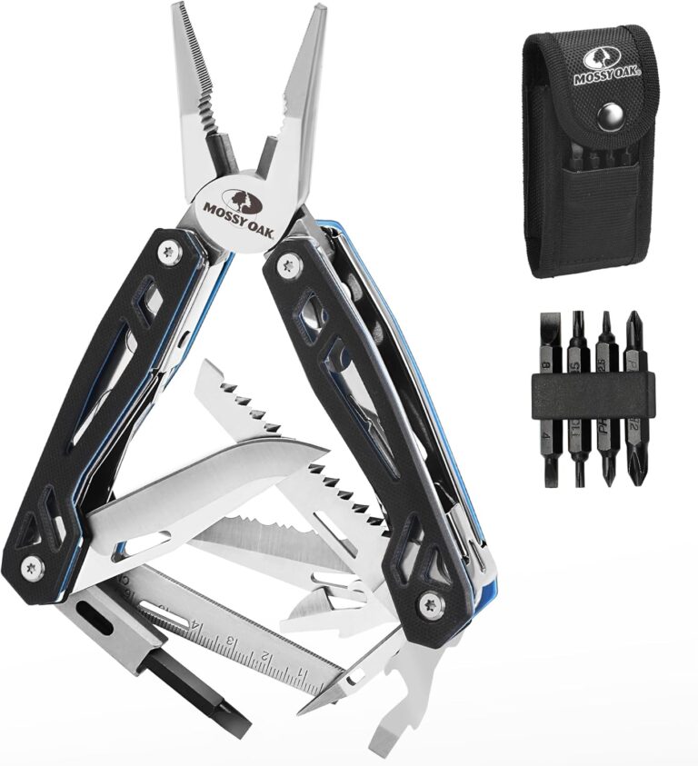 Mossy Oak 22-in-1 Multitool Edelstahl Schwarz | Klappwerkzeug mit 4 Bits, Messerlineal, Säge mit Tragetasche für Wandern, Camping und Reparaturen