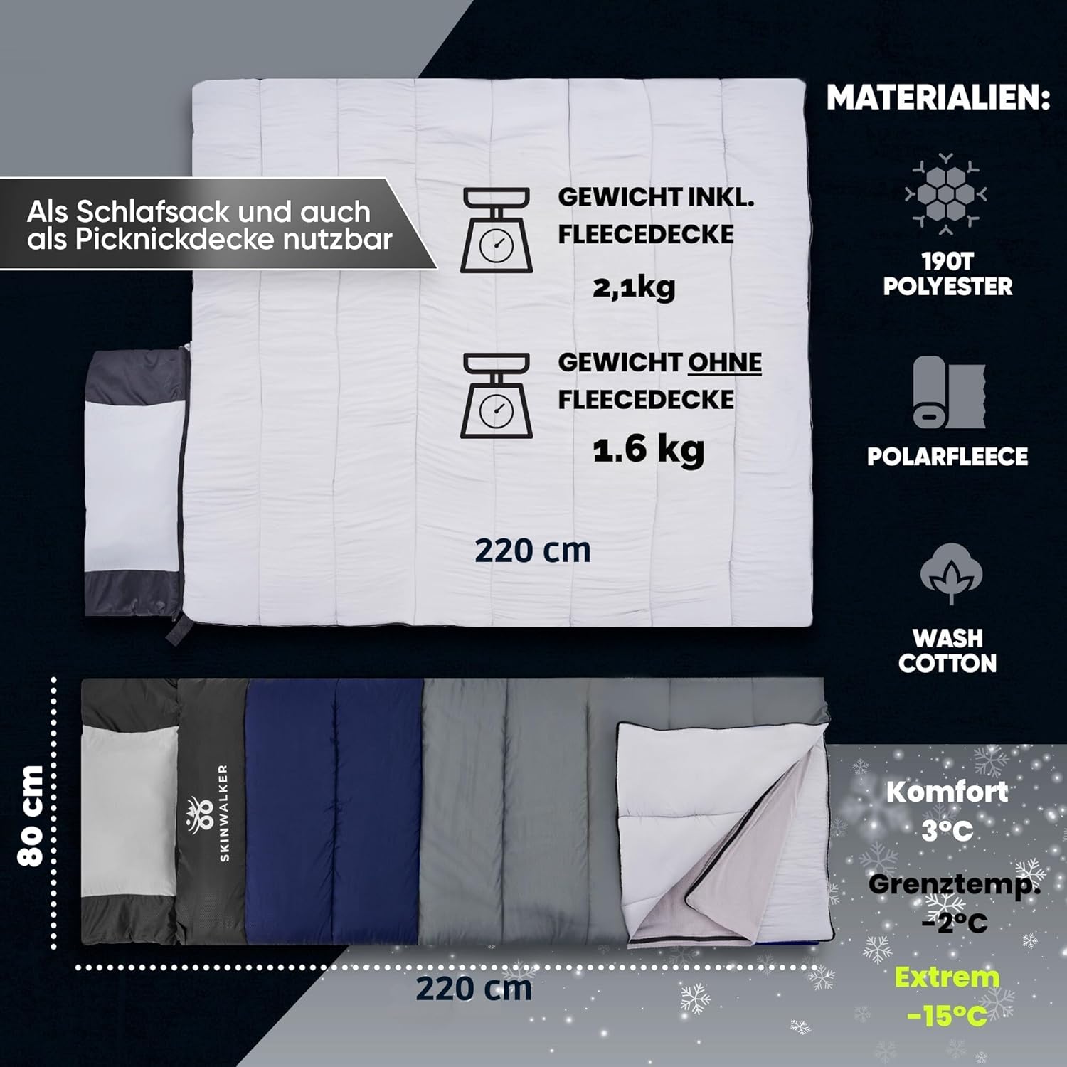 SKINWALKER Schlafsack Winter Outdoor bis -15°C mit abnehmbarer Fleecedecke Winterschlafsack für Erwachsene 3-4 Jahreszeiten Schlafsack & Deckenschlafsack Sommer & Winter – Bild 4