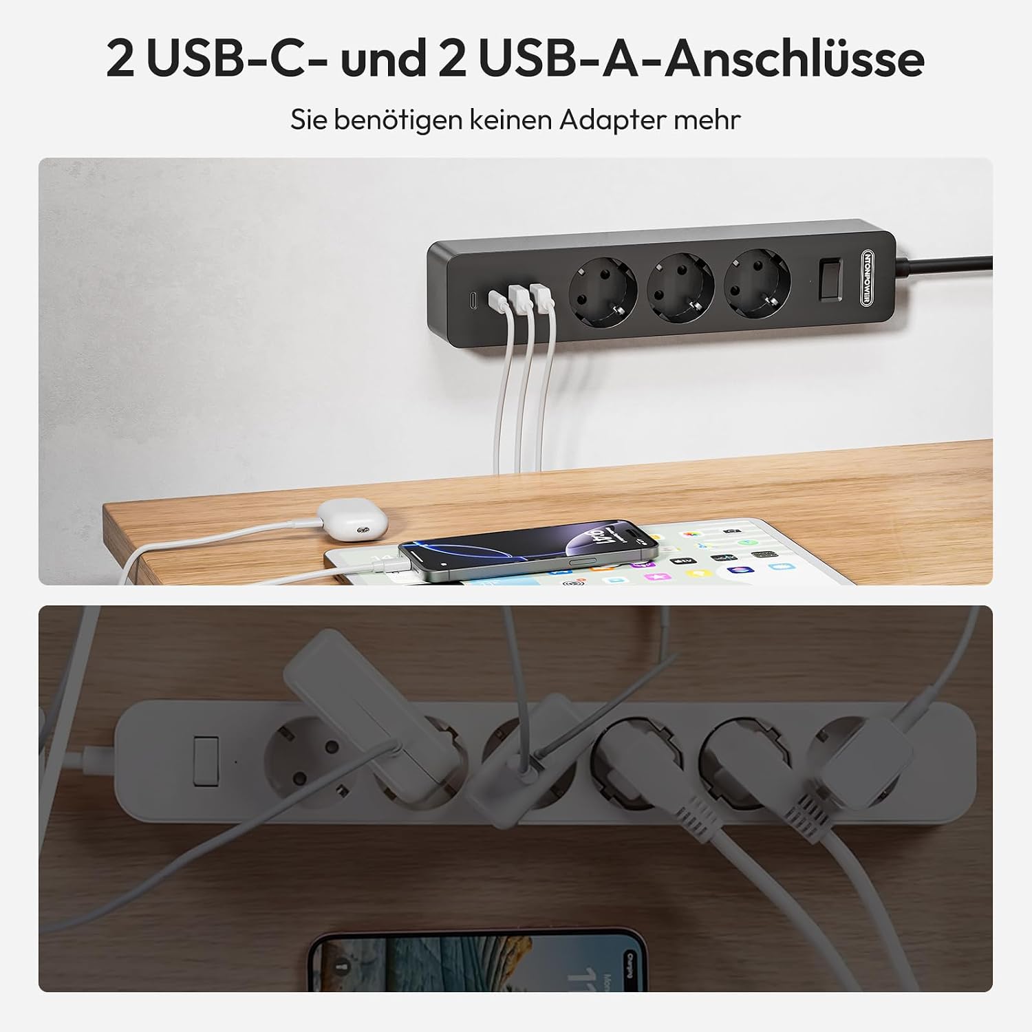 Ntonpower 3m Steckdosenleiste mit USB, Mehrfachsteckdose, Überspannungsschutz, Wandmontage - Kleber verwenden, langes Verlängerungskabel, Kindersicherung – Bild 5