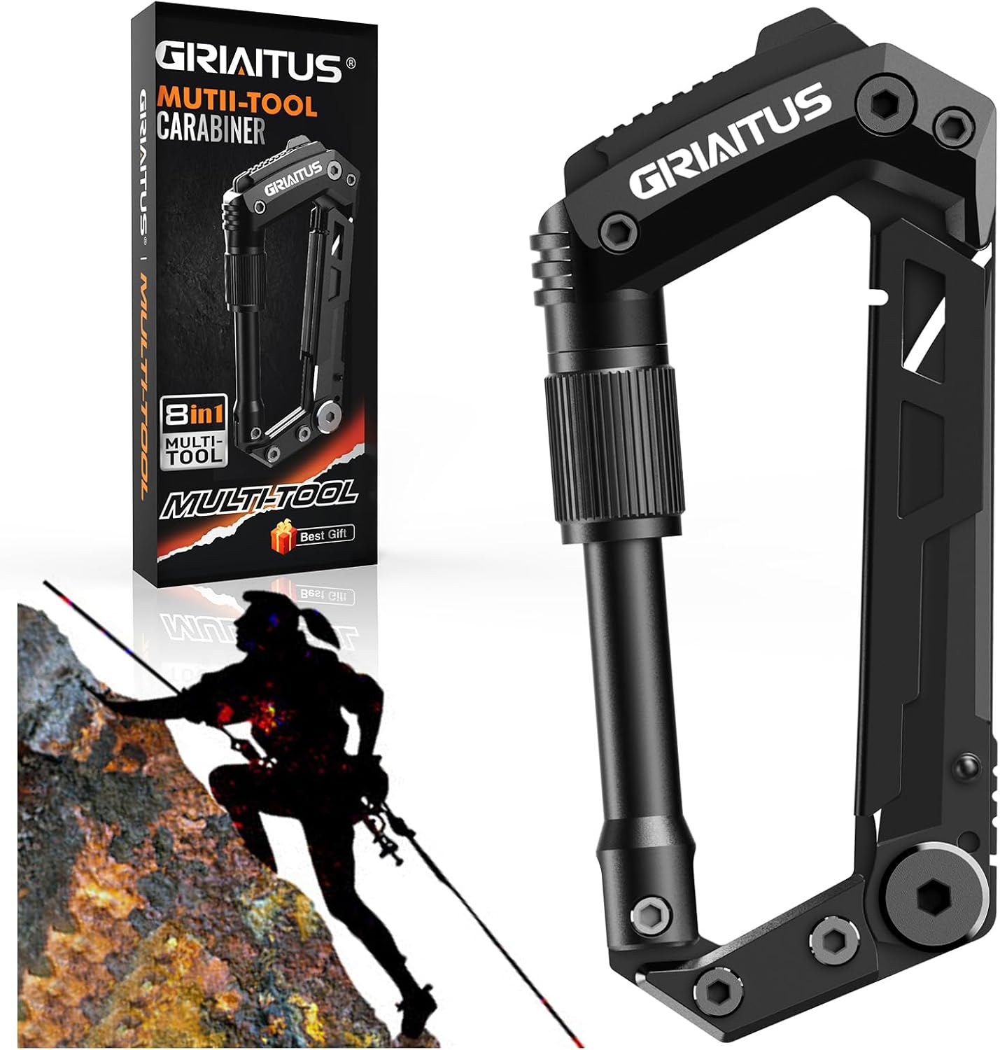 8en1 Karabiner-Multitool mit Taschenmesser, Säge, Seilschneider, Schraubendreher, Dosen, Flaschenöffner, Lineal, Klappmesser, Geschenke für Männer, Camping-Zubehör, Wandern (schwarz) – Bild 8