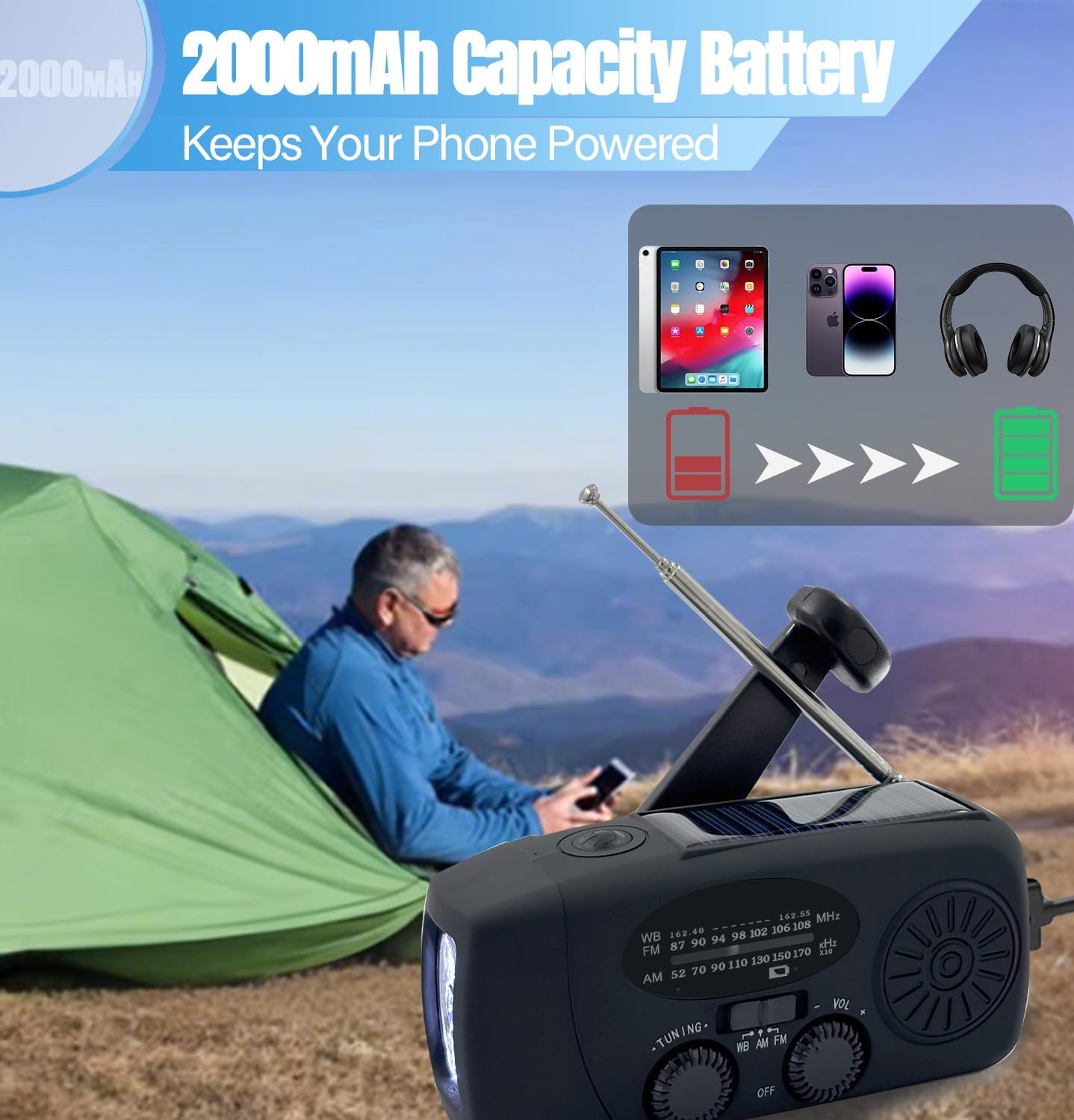 2000 mAh Notfall-Solar-Handkurbelradio, 3-Wege-betriebenes tragbares Wetterradio AM/FM/NOAA mit USB-Ladegerät, Handy-Ladegerät, SOS-Alarm und LED-Taschenlampe für Camping, Wandern (schwarz) – Bild 3