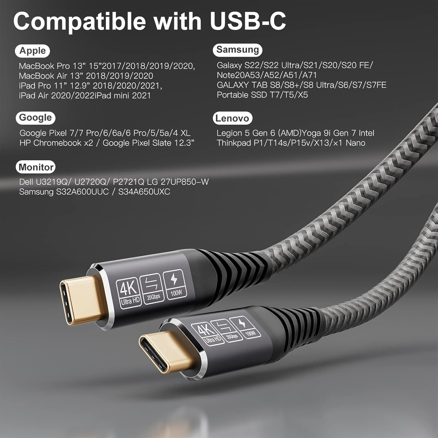 CAKOBLE USB C Kabel auf USB C 2M, USB 3.2 Gen2 Typ C Ladekabel, 20 Gbit/s Datenübertragung, 100 W 20 V/5 A Schnellladekabel, 4K @@ 60 Hz Videoübertragung für Laptop, Handy, Monitor, Geräte – Bild 5