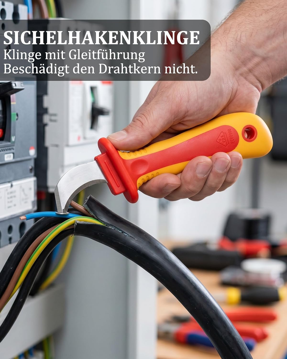 1000 V 210 mm Isolations-Elektrikermesser: IEC60900 Kabelabisoliermesser mit ergonomischem Griff für Elektroinstallation und Handwerker – Bild 2