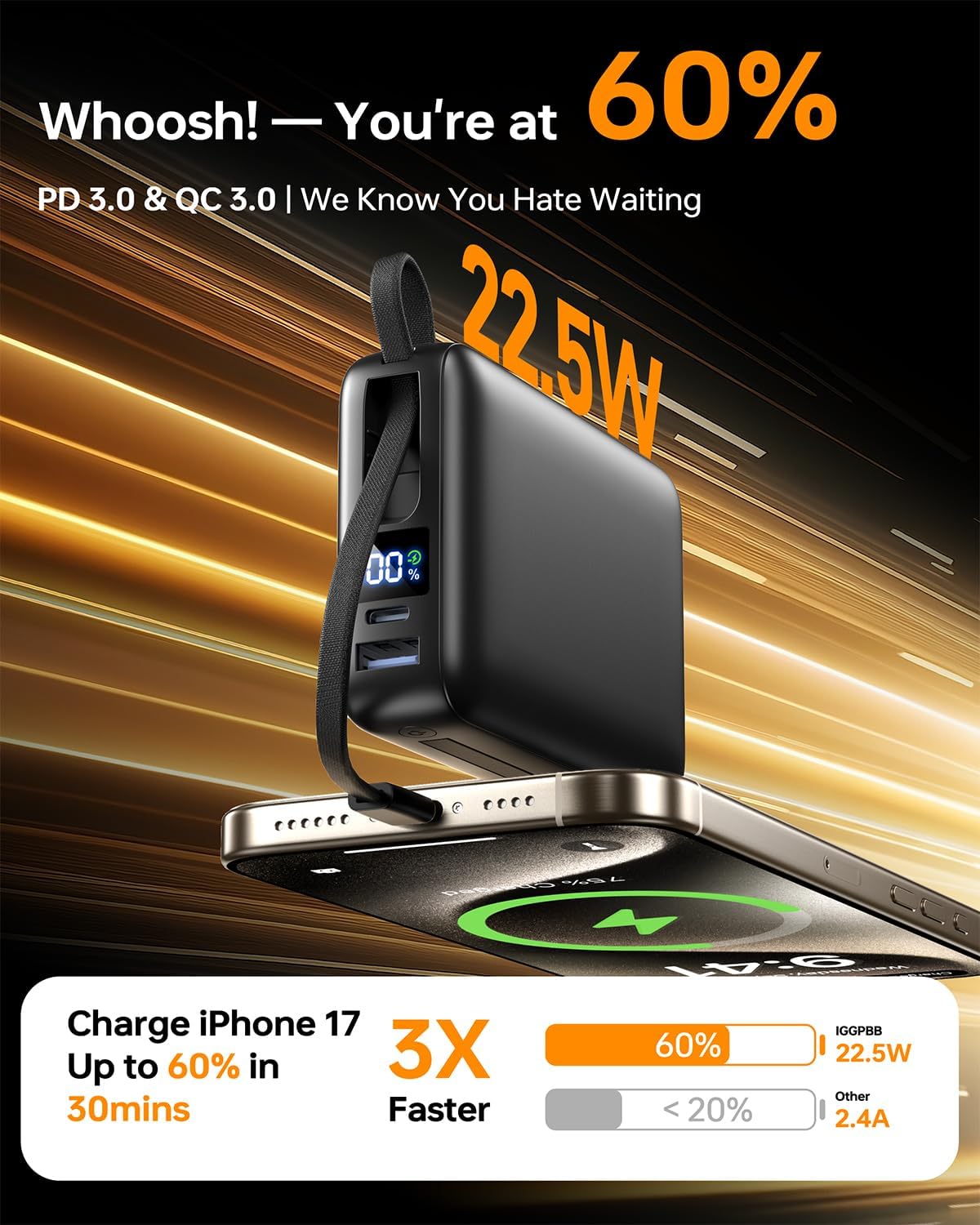 Power Bank 26800 mAh, 22,5 W USB C Schnelllade-Powerbank für iPhone mit 2 Anschlüssen und 2 integrierten Kabeln, Travel Essential externe Handy-Akkus kompatibel mit iPhone 17 16 15 Android – Bild 3