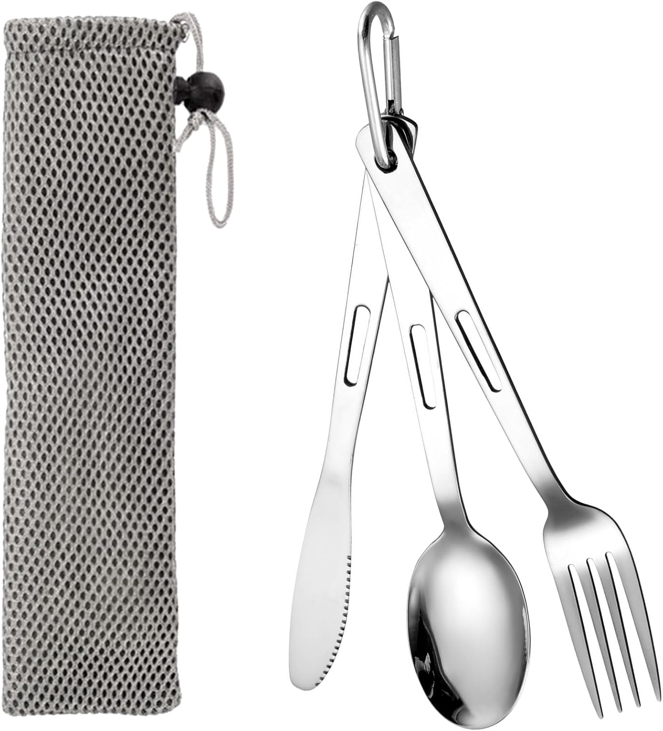3er-Set Reisebesteck, Campingbesteck, Campingbesteckset aus Edelstahl, tragbares Outdoorbesteck mit Karabiner, Löffel, Gabel, Messerkombination und Tasche, wiederverwendbares Reisebesteckset