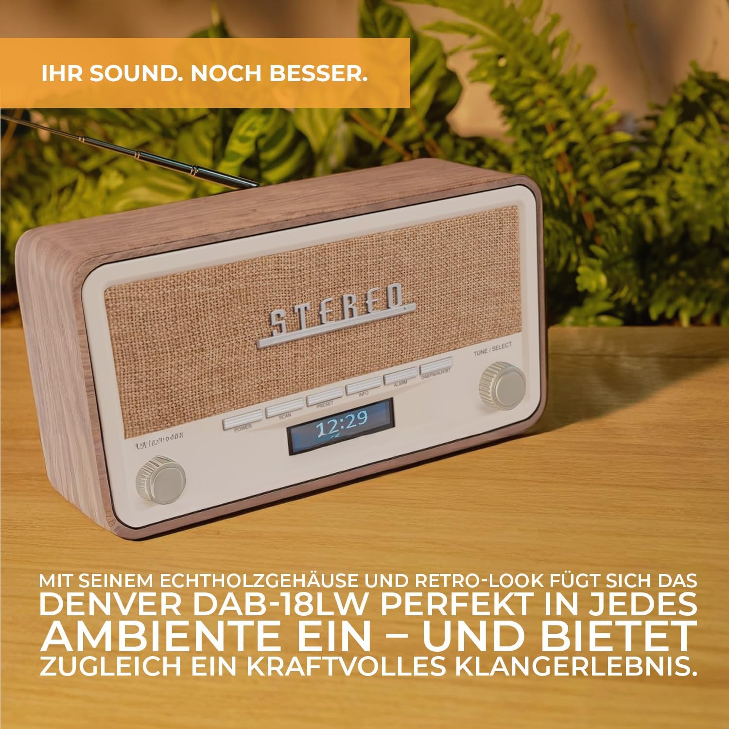 Denver Retro DAB-18 Digitalradio | DAB Plus-Radio mit Bluetooth und UKW | 2 x 20 W Stereolautsprecher | Kleines Radio mit Netzstecker | Küchenradio DAB mit gutem Klang | LCD-Anzeige und Alarmfunktion | DAB Plus & FM & Bluetooth, 2 x 20 W Stereolautsprecher, LCD-Display, Alarmfunktion, Netzstecker – Bild 5