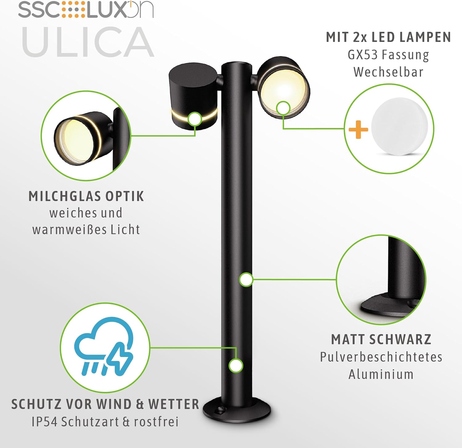 SSC-LUXon Außen-Stehleuchte ULICA mit 2 x LED-Leuchtmittel warmweiß GX53 5W Pollerleuchte schwarz matt IP54 schwenkbares Licht 230V – Bild 3