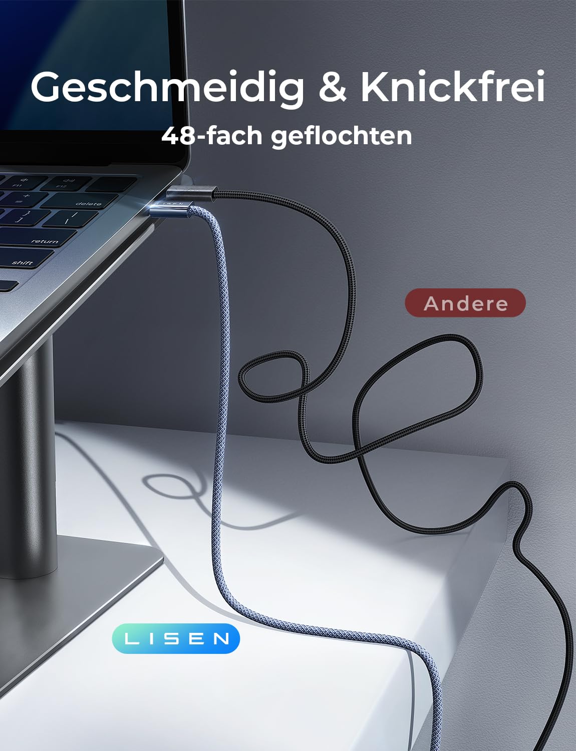 LISEN 240 W USB-C auf USB-C Kabel, 2 m, 2 Stück, iPhone 17 Pro, Samsung Schnellladekabel, PD3.1 Ladekabel USB-C, Galaxy S25/S24, iPhone 16/15 Pro Max, Xiaomi, MacBook Pro/Air, iPad, Dunkelblau | Für MacBook/iPad/iPhone/Samsung, integrierter E-Marker-Chip + 48-faches Geflecht, abwärtskompatibel mit allen USB-C-Geräten – Bild 7
