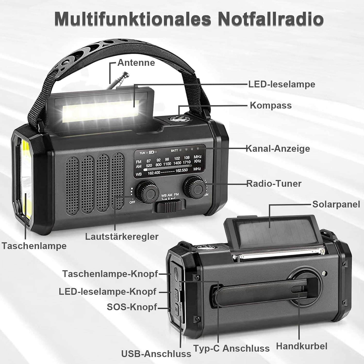 YIKANWEN Kurbelradio mit 20.000-mAh-Akku, wiederaufladbar, tragbarer Solarradio-Dynamo mit AM/FM/NOAA, Powerbank, LED-Campinglicht, SOS-Alarm, Kompass, Schwarz – Bild 6