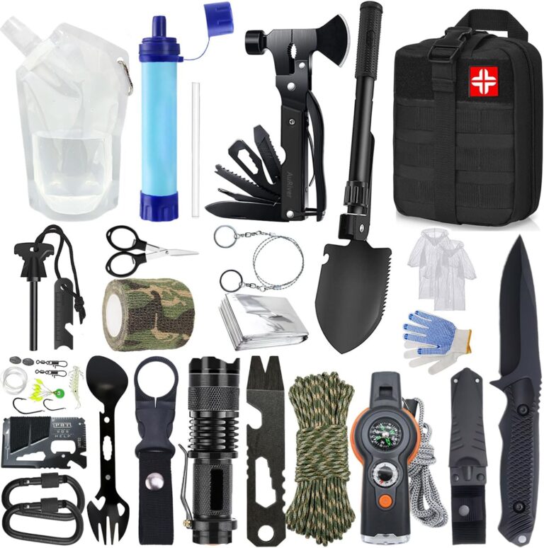 Survival Kit 22 in 1, Outdoor-Notfallset, Outdoor-Survival-Ausrüstung mit Wasserfilter, Outdoor, Wasserbeutel für Outdoor-Camping, Abenteuer, Wandern