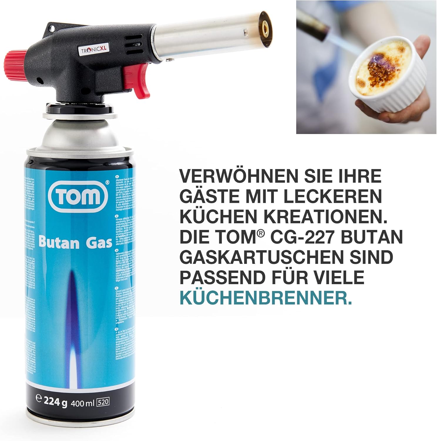 TOM 8 x 12 x oder 28 x Butangaskartuschen 227 mit MSF-1A Bajonettventil – Die Butangaskartuschen sind ideal für Campingkocher, Gaslampe usw. oder für Unkrautbrenner, Flächenbrenner – Bild 9