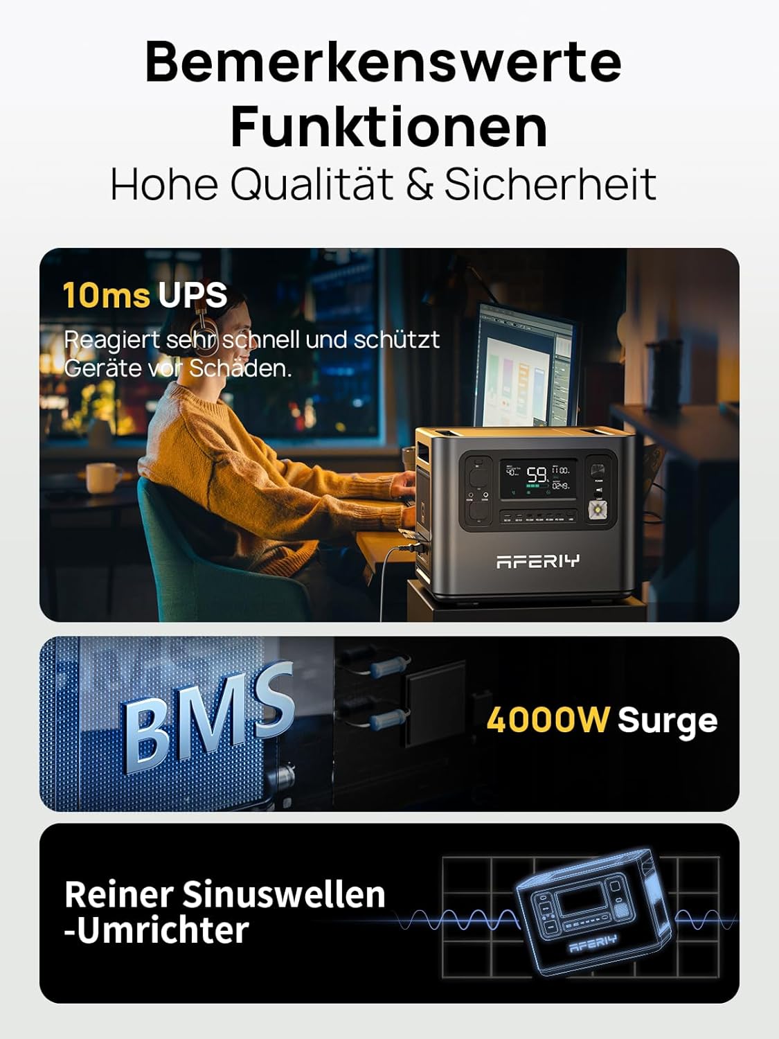 AFERIY Solargenerator 2400 W mit 400 W Solarpanels, 2048 Wh tragbares Kraftwerk, LiFePO4-Akku, Schnellladung in 1,2 Stunden, faltbares Solarpanel mit USB, IP65, für Outdoor-Camping, Stromausfälle – Bild 7
