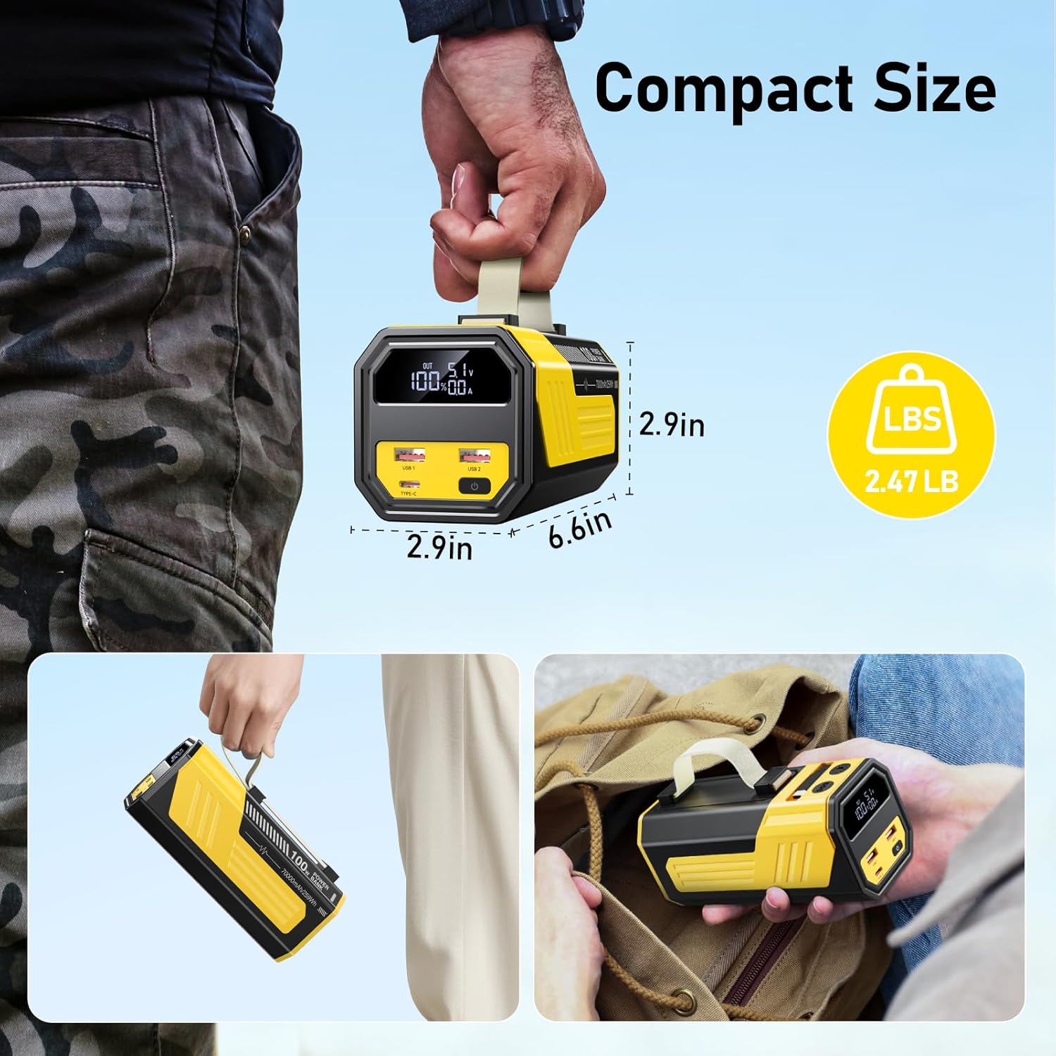 Laptop Powerbank 70.000 mAh, Powerbank 100 W USB-C mit integriertem & einziehbarem Kabel, externer Akku mit LED-Taschenlampe für Laptop, iPhone, iPad, Tablet, Samsung Reisen Camping Outdoor (Gelb) – Bild 7