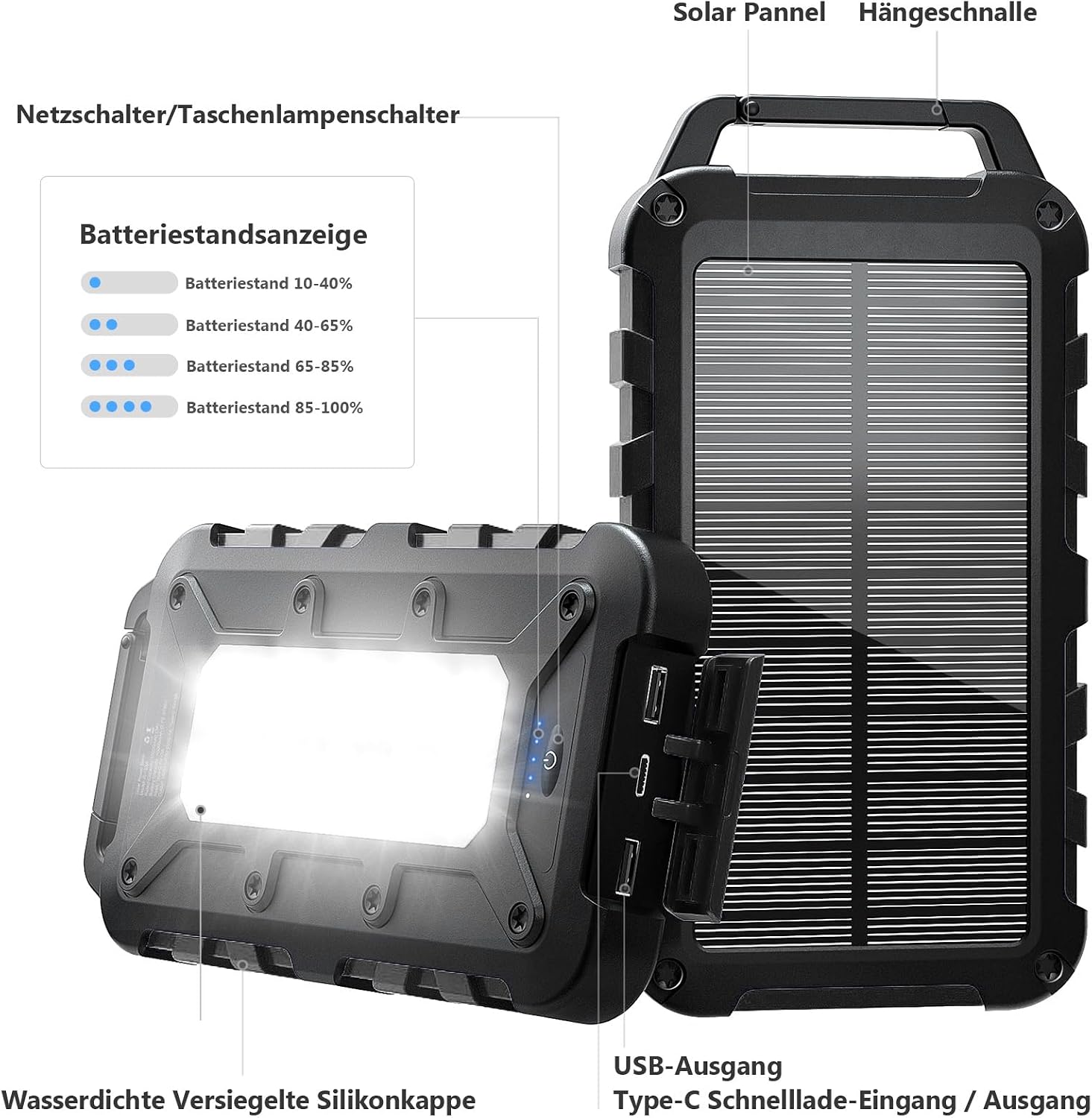 Solar Power Bank 10000 mAh PD 22,5 W Tragbares Solarladegerät USB C Outdoor Wasserdichter externer Akku mit LED-Licht und 3 Ausgängen für Tablets Smartphones Outdoor Camping Schwarz – Bild 6
