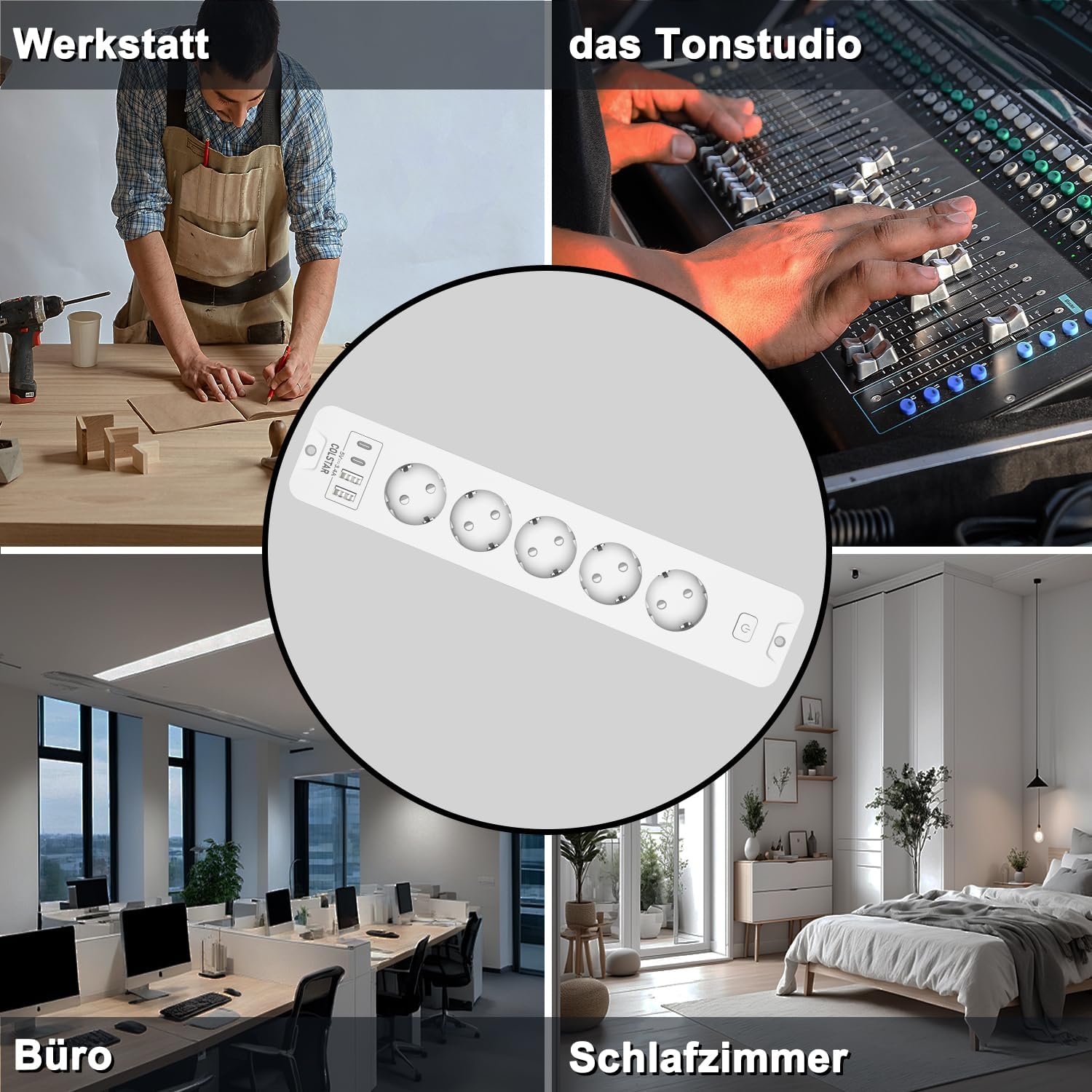 Ausziehbare Steckdosenleiste 5-fach mit 4 USB (2 USB-C, 2 USB-A), 16 A, 2 m Kabel, Energiesparschalter – unsichtbare Steckdose für einen sauberen Schreibtisch – Bild 7