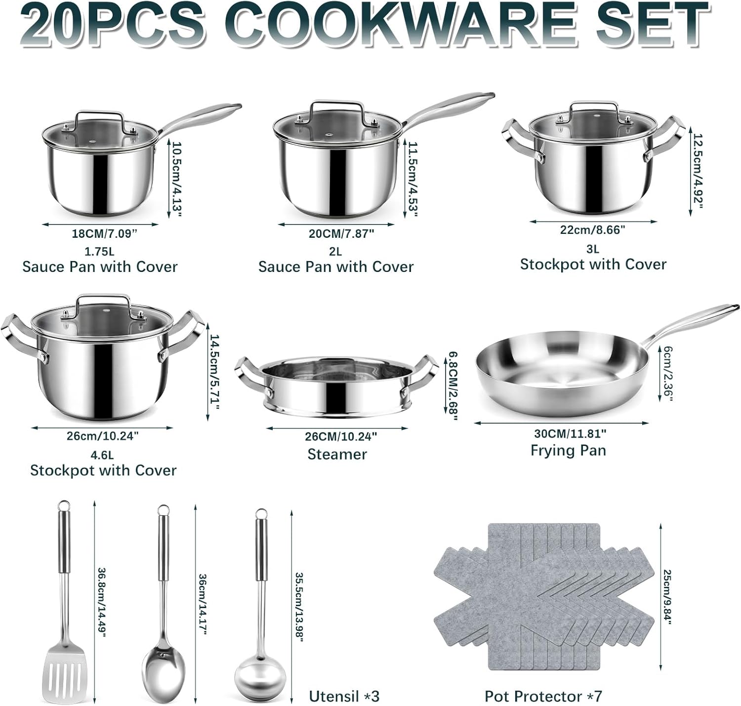 Kochtopf-Set aus Edelstahl – 3-lagige 30 cm Bratpfannen & 22/26 cm Deckeltöpfe mit Dampfgarer, Kochtöpfe (18/20 cm) – 20-teilige Töpfe und Pfannen mit Deckel – für alle Herdarten verwendbar – Bild 2