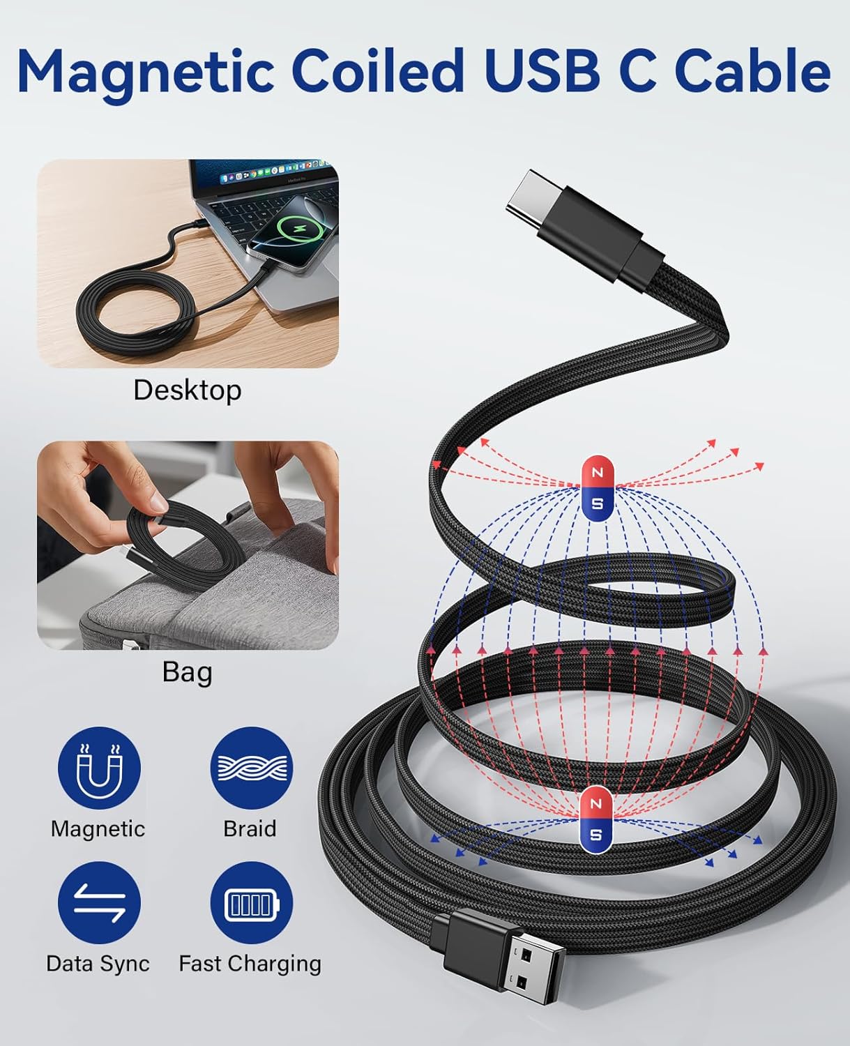 Magnetisches USB-A-auf-USB-C-Kabel von Magtame, 1 m, spiralförmiges 3-A-Schnellladekabel, flaches USB-C-Kabel, organisiertes, verwechslungssicheres, geflochtenes Datensynchronisierungs-Typ-C-Ladekabel – Bild 2