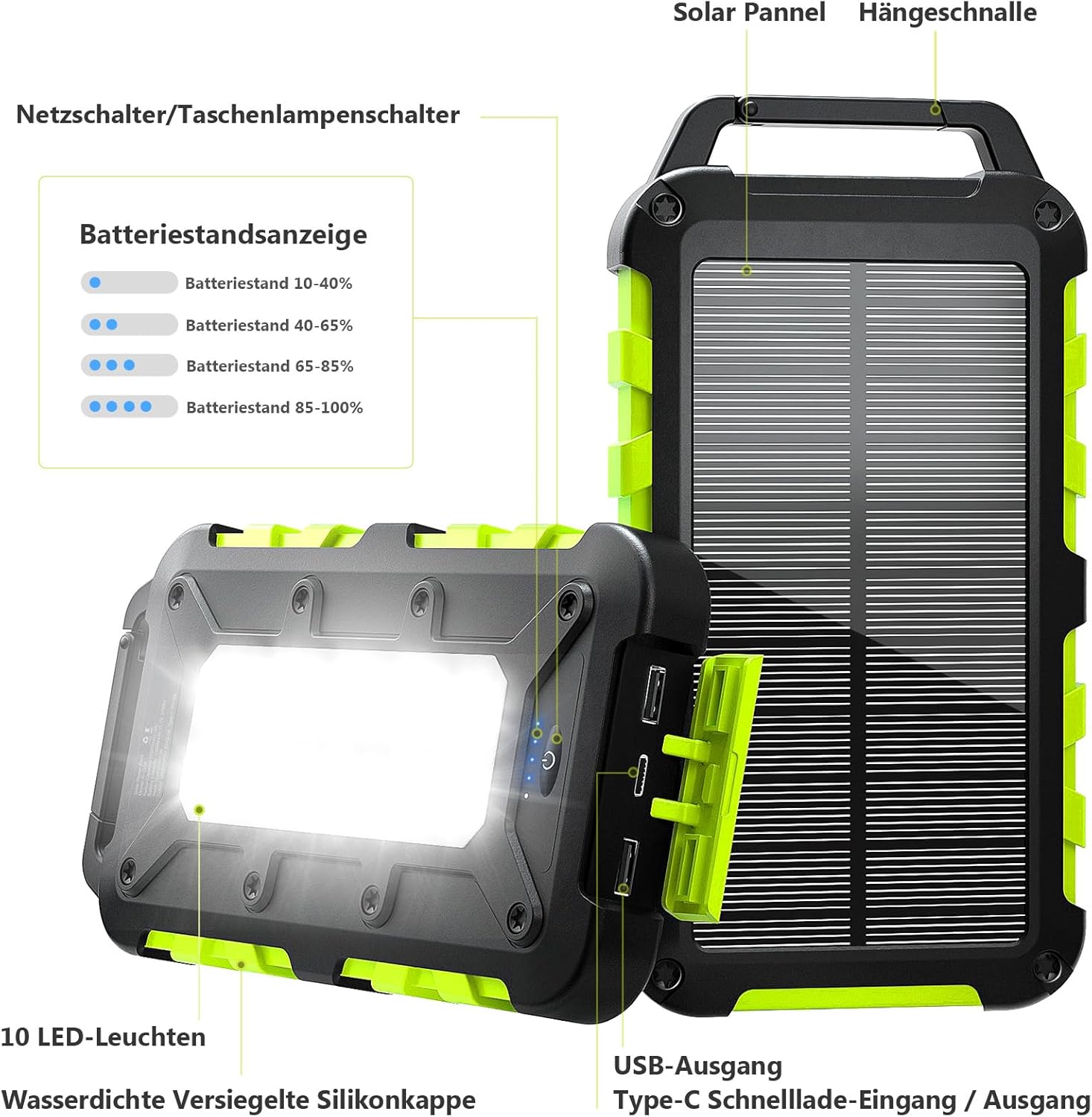 Solar Powerbank 26800mAh PD 22,5W Tragbares Solar Ladegerät USB C Outdoor Wasserdicht Externer Akku mit LED-Licht und 3 Ausgängen für Tablets Smartphones Outdoor Camping Grün – Bild 9
