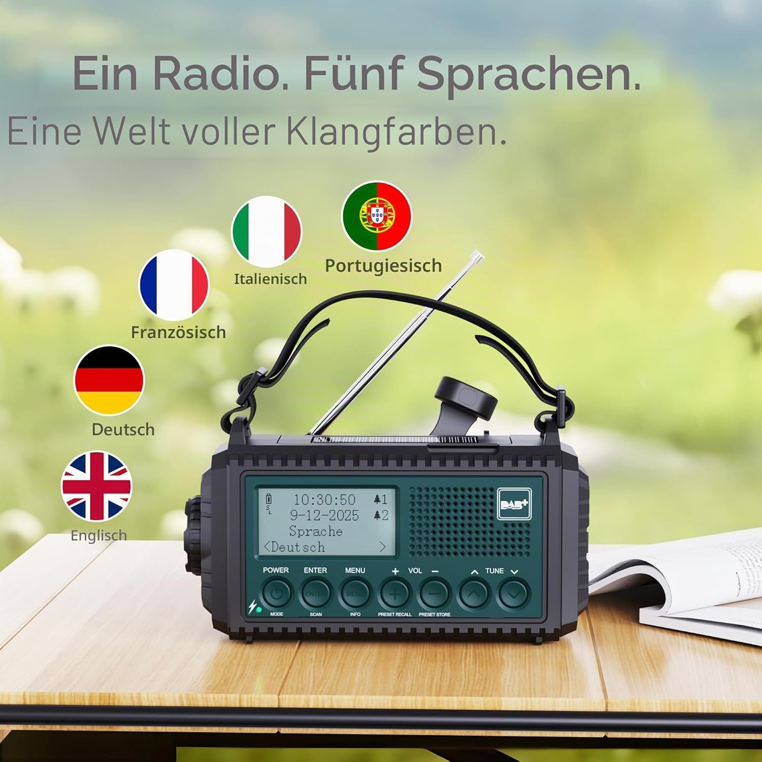 Kurbelradio DAB/DAB+/FM, Baustellenradio batteriebetrieben, tragbares Solar-Notfallradio mit 5000 mAh Akku, LED-Taschenlampe & Leselicht, IPX4, SOS-Alarm für Outdoor, Camping – Bild 9