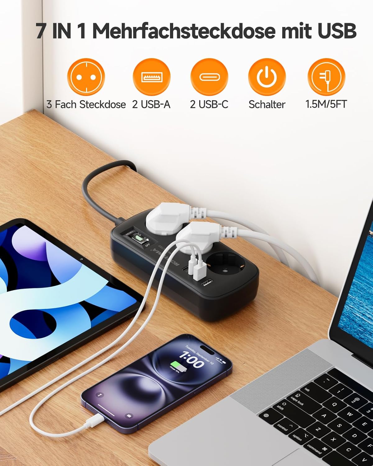 3-fach Steckdose mit Überspannungsschutz, Mehrfachsteckdose, 4 USB (2 USB-C), Steckdose mit Schalter und 1,5 m Kabel, Wandmontage für Zuhause, Büro, Schwarz – Bild 2