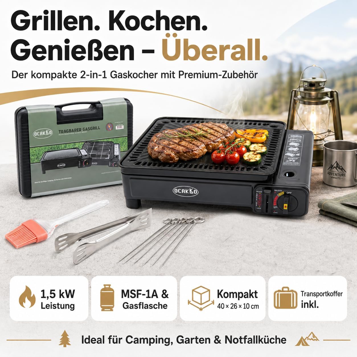 Gasgrill Camping mit 8 Kartuschen Grillplatte Grillrost + Schaschlikspieße | Mit 4 oder 8 Gaskartuschen, tragbarer Gaskochergrill mit Koffer – Bild 7