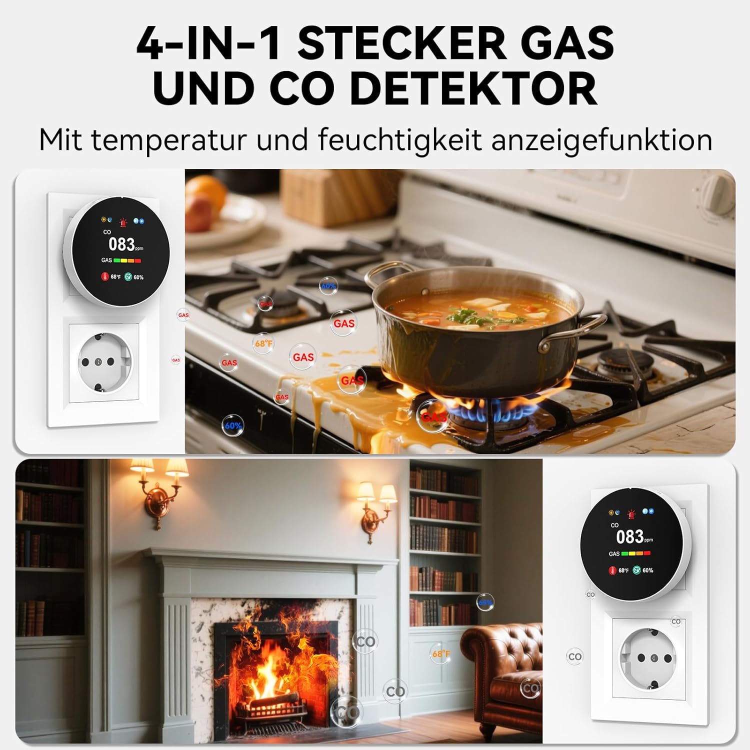 Kohlenmonoxid- und Gasmelder mit Stecker, 4-in-1-CO-Melder mit Temperatur- und Luftfeuchtigkeitssensor, mit akustischem Alarm für Zuhause und Wohnmobil, 1er-Set (weiß) – Bild 3