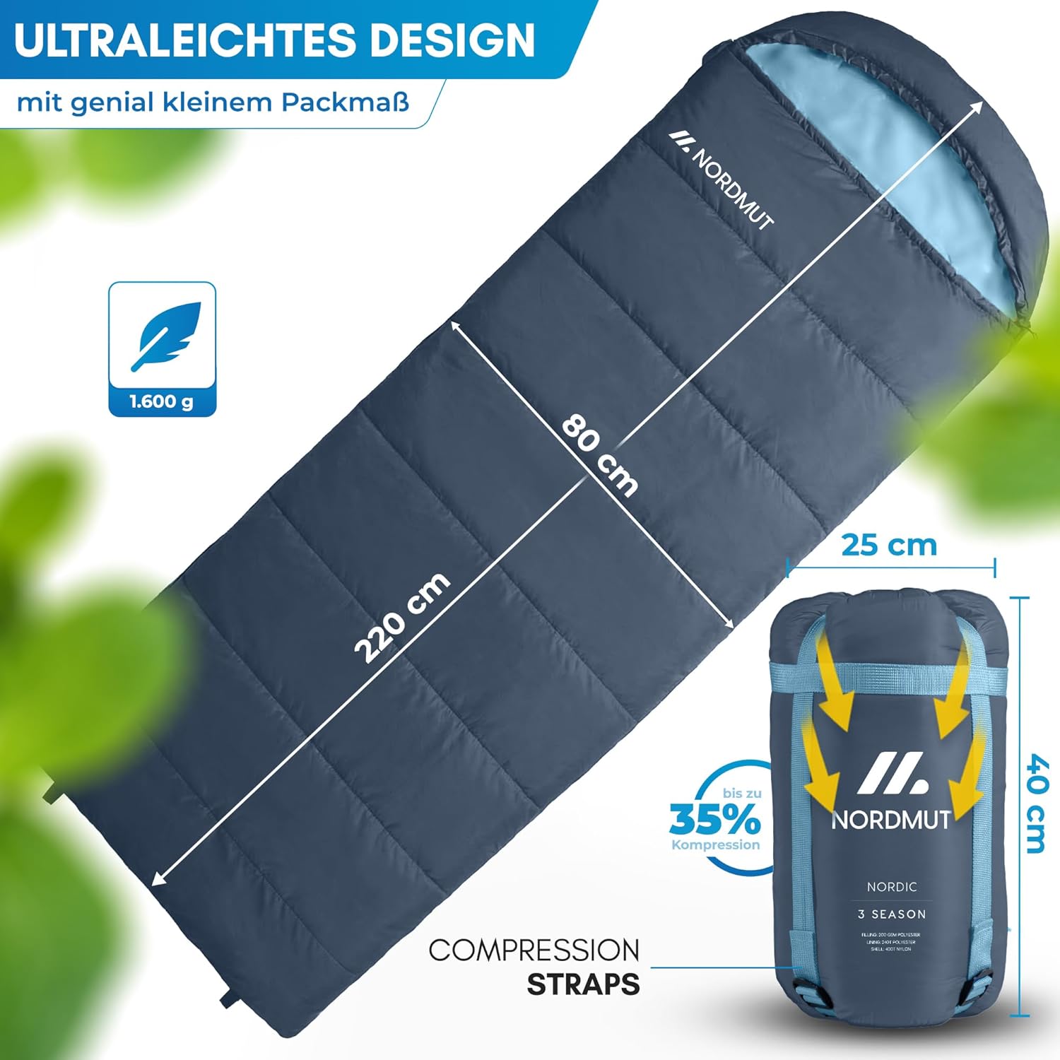 NORDMUT® Deckenschlafsack für Erwachsene mit Zwei-Wege-YKK-Reißverschluss – kleines Packmaß & ultraleicht 1600 g – 3 Jahreszeiten (250 g/m²) – Schlafsack für Camping, Outdoor & Festivals – Bild 5