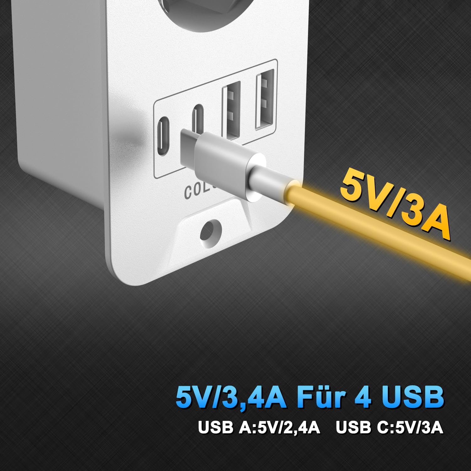 Ausziehbare Steckdosenleiste 5-fach mit 4 USB (2 USB-C, 2 USB-A), 16 A, 2 m Kabel, Energiesparschalter – unsichtbare Steckdose für einen sauberen Schreibtisch – Bild 4
