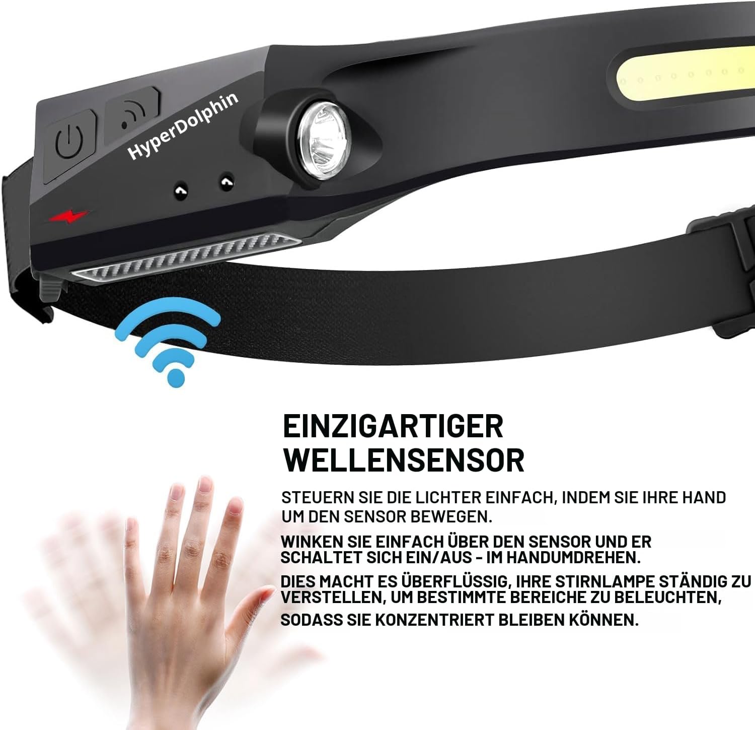 Wiederaufladbare LED-Stirnlampe mit breitem Strahl, 350 Lumen, 5 Modi, Bewegungssensor, Typ-C-USB, wasserdicht, 230°-Beleuchtung, leicht und komfortabel – ideal zum Laufen, Angeln, Radfahren, Camping – Bild 9