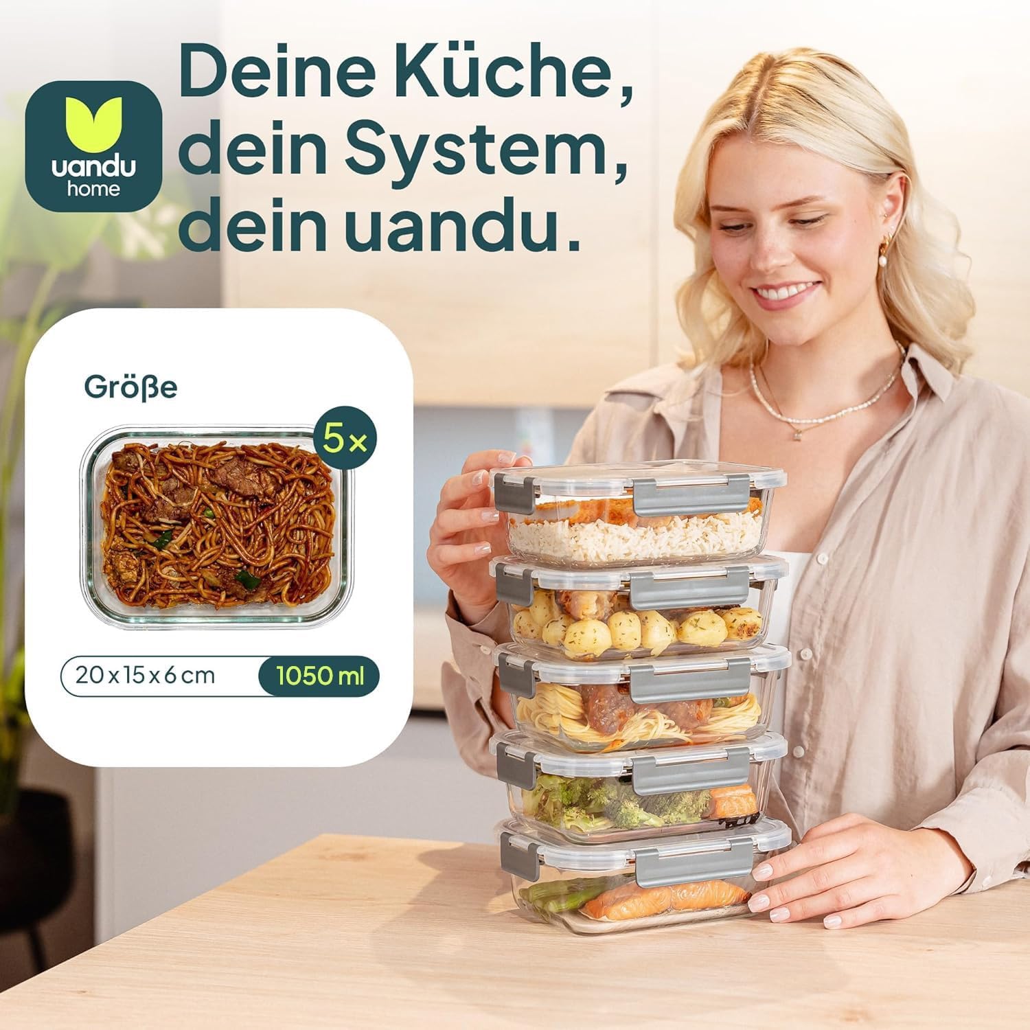 uandu Glasbehälter mit Deckel, 10-teiliges Borosilikatglas mit Deckel, Meal-Prep-Gläser, Frischhaltedosen aus Glas mit Deckel, Glasdosen mit Deckel-Set, Meal-Prep-Boxen aus Glas (5 Behälter, 5 Deckel) – Bild 2