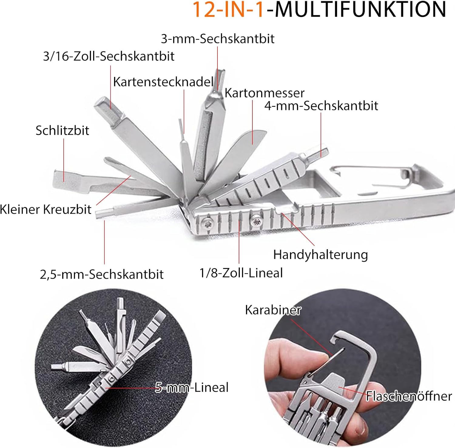 Multitool-Werkzeug, 12-in-1-Multitool-Schlüsselanhänger, kleine Werkzeuge, Multifunktionsmesser, Edelstahl-Schraubendreher-Bit für den Außenbereich, tragbares Taschenwerkzeug, Geschenke für Männer – Bild 3